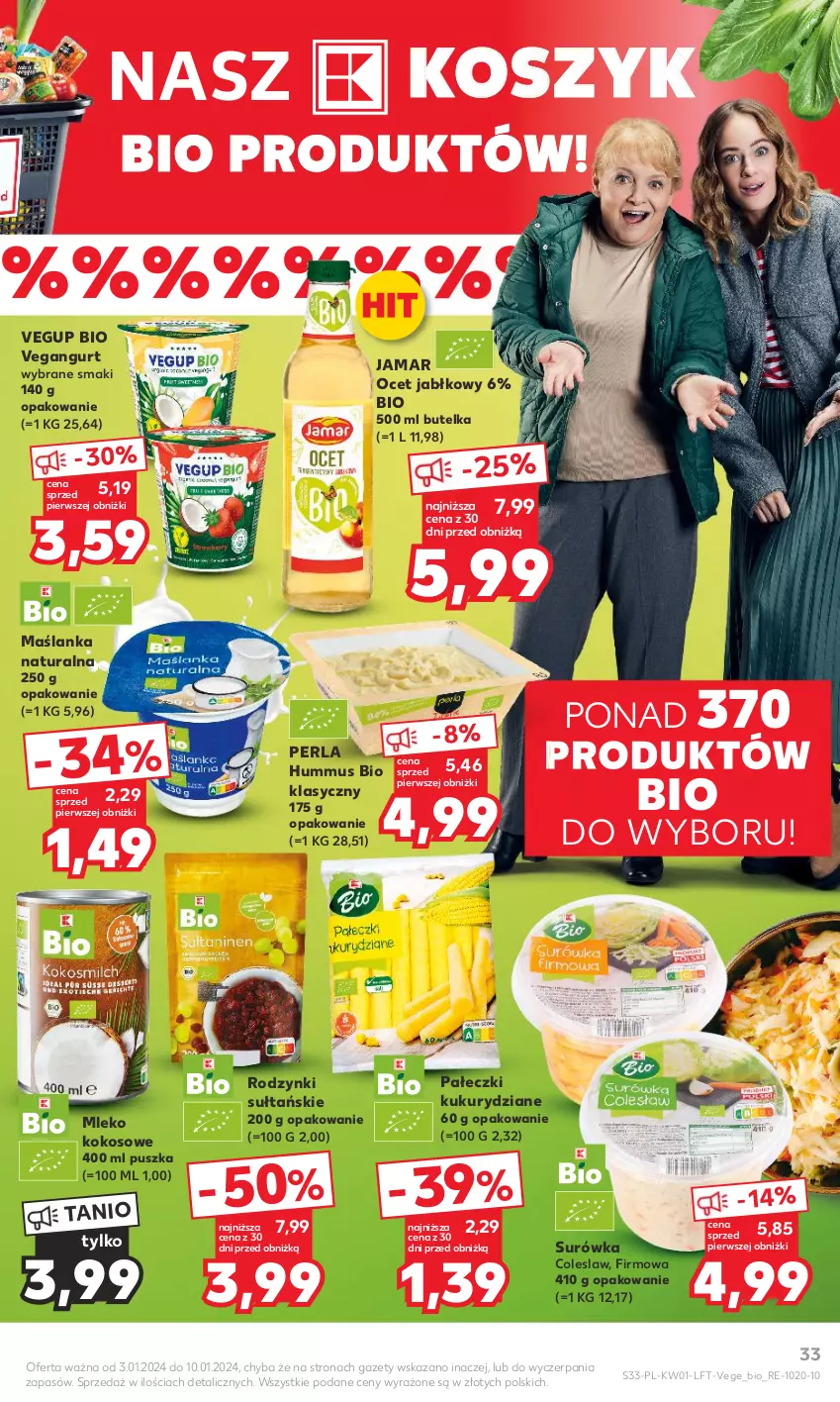 Gazetka promocyjna Kaufland - Gazetka tygodnia - ważna 03.01 do 10.01.2024 - strona 33 - produkty: Hummus, Kokos, Kosz, Maślanka, Mleko, Mleko kokosowe, Mus, Ocet, Rodzynki, Surówka, Vegangurt