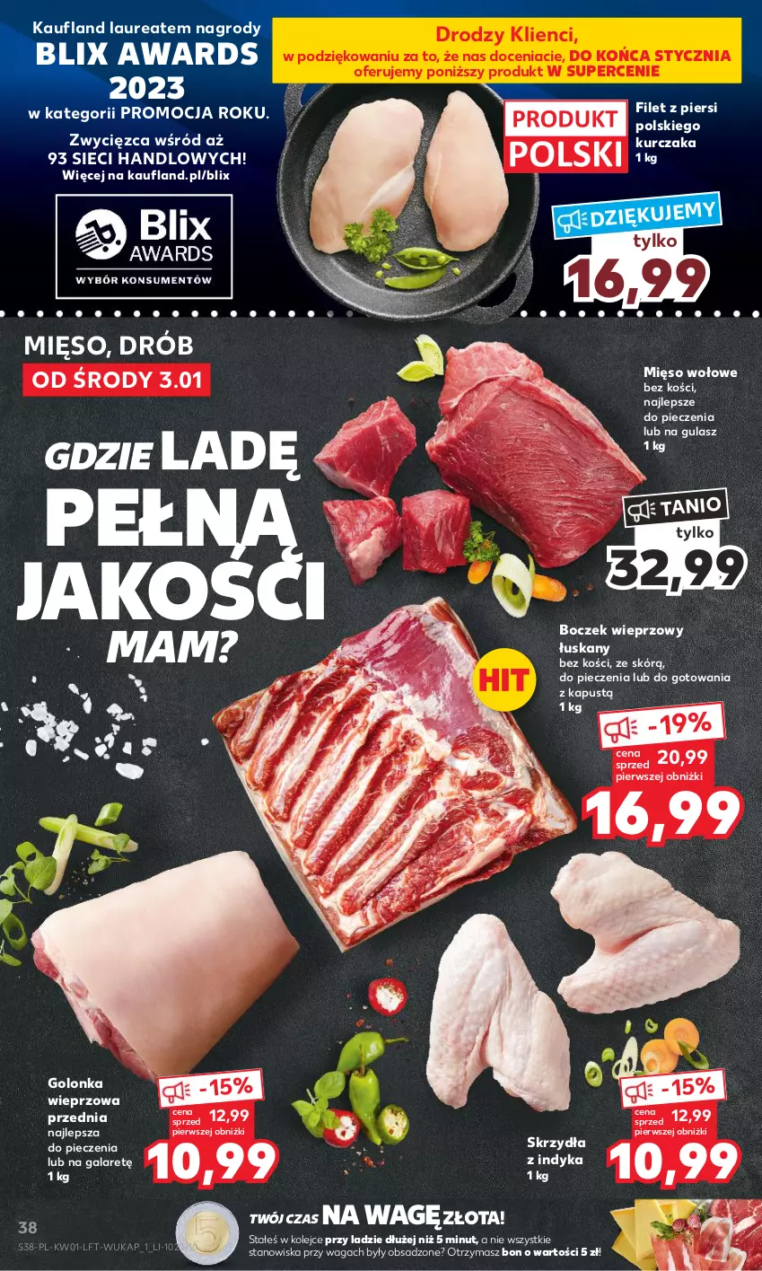 Gazetka promocyjna Kaufland - Gazetka tygodnia - ważna 03.01 do 10.01.2024 - strona 38 - produkty: Boczek, Boczek wieprzowy, Drób, Gala, Golonka wieprzowa, Kapustą, Kurczak, Laur, Mięso, Mięso wołowe, Olej, Piec, Waga