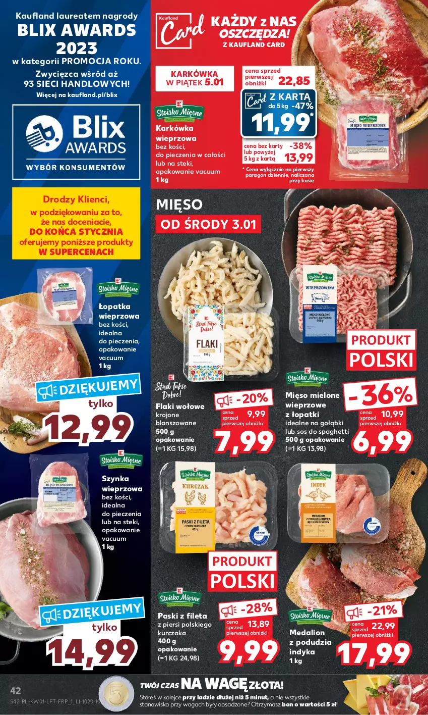 Gazetka promocyjna Kaufland - Gazetka tygodnia - ważna 03.01 do 10.01.2024 - strona 42 - produkty: Flaki, Flaki wołowe, Karkówka wieprzowa, Kurczak, Laur, Lion, Mięso, Mięso mielone, Olej, Piec, Sos, Spaghetti, Stek, Szynka, Szynka wieprzowa, Waga