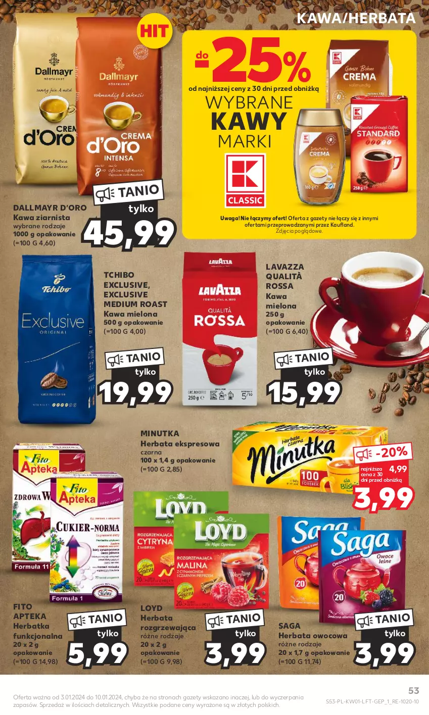 Gazetka promocyjna Kaufland - Gazetka tygodnia - ważna 03.01 do 10.01.2024 - strona 53 - produkty: Apteka, Dallmayr, Herbata, Herbata owocowa, Kawa, Kawa mielona, Kawa ziarnista, Lavazza, Loyd, Saga, Tchibo, Waga