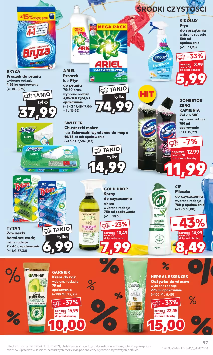 Gazetka promocyjna Kaufland - Gazetka tygodnia - ważna 03.01 do 10.01.2024 - strona 57 - produkty: Ariel, Bryza, Chusteczki, Cif, Domestos, Garnier, Krem do rąk, Mleczko, Mop, Odżywka, Płyn do prania, Proszek do prania, Sidolux, Spray do czyszczenia, Tytan, Zawieszki