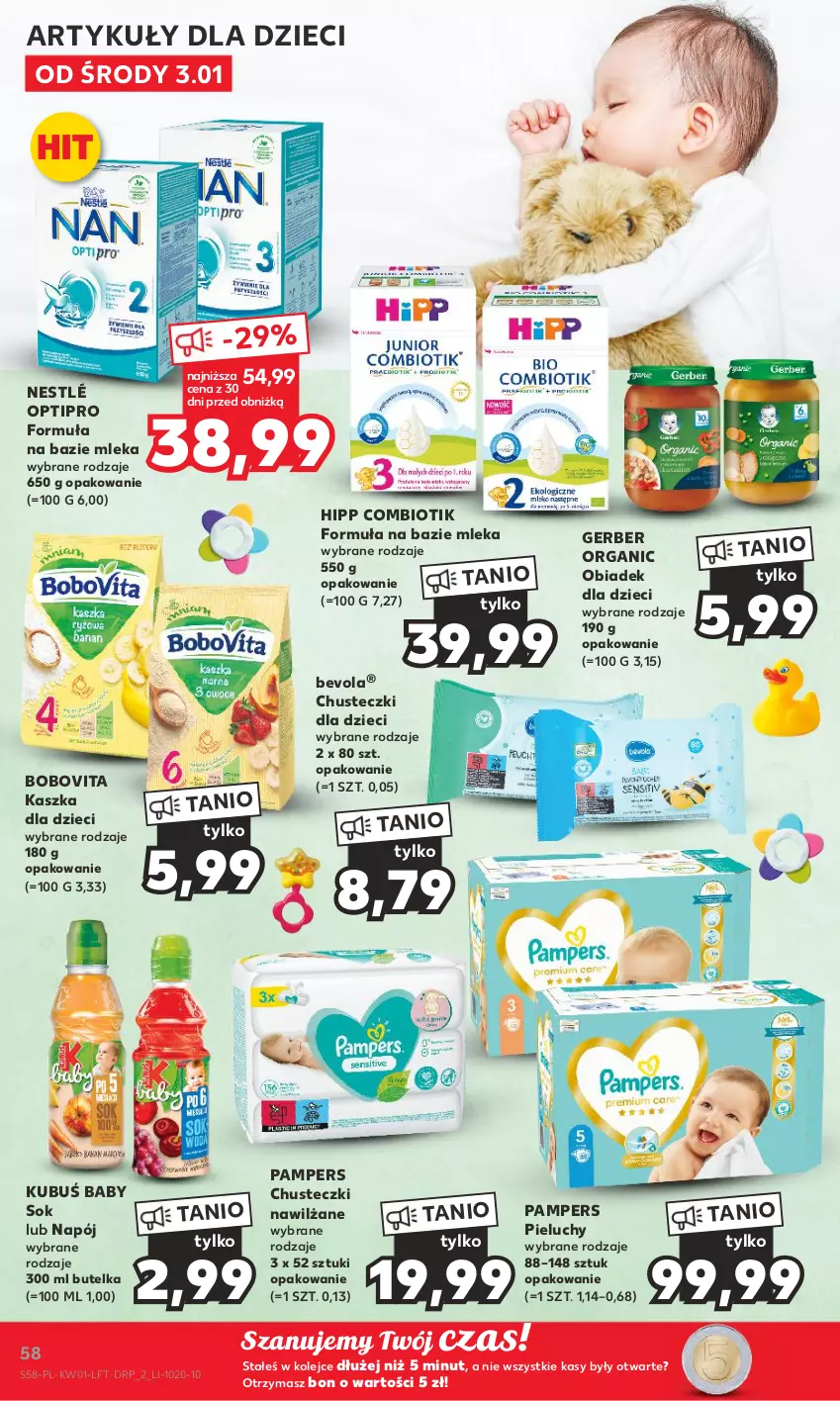 Gazetka promocyjna Kaufland - Gazetka tygodnia - ważna 03.01 do 10.01.2024 - strona 58 - produkty: BoboVita, Chusteczki, Dzieci, Gerber, HiPP, Kubuś, Napój, Nestlé, Olej, Pampers, Pieluchy, Sok