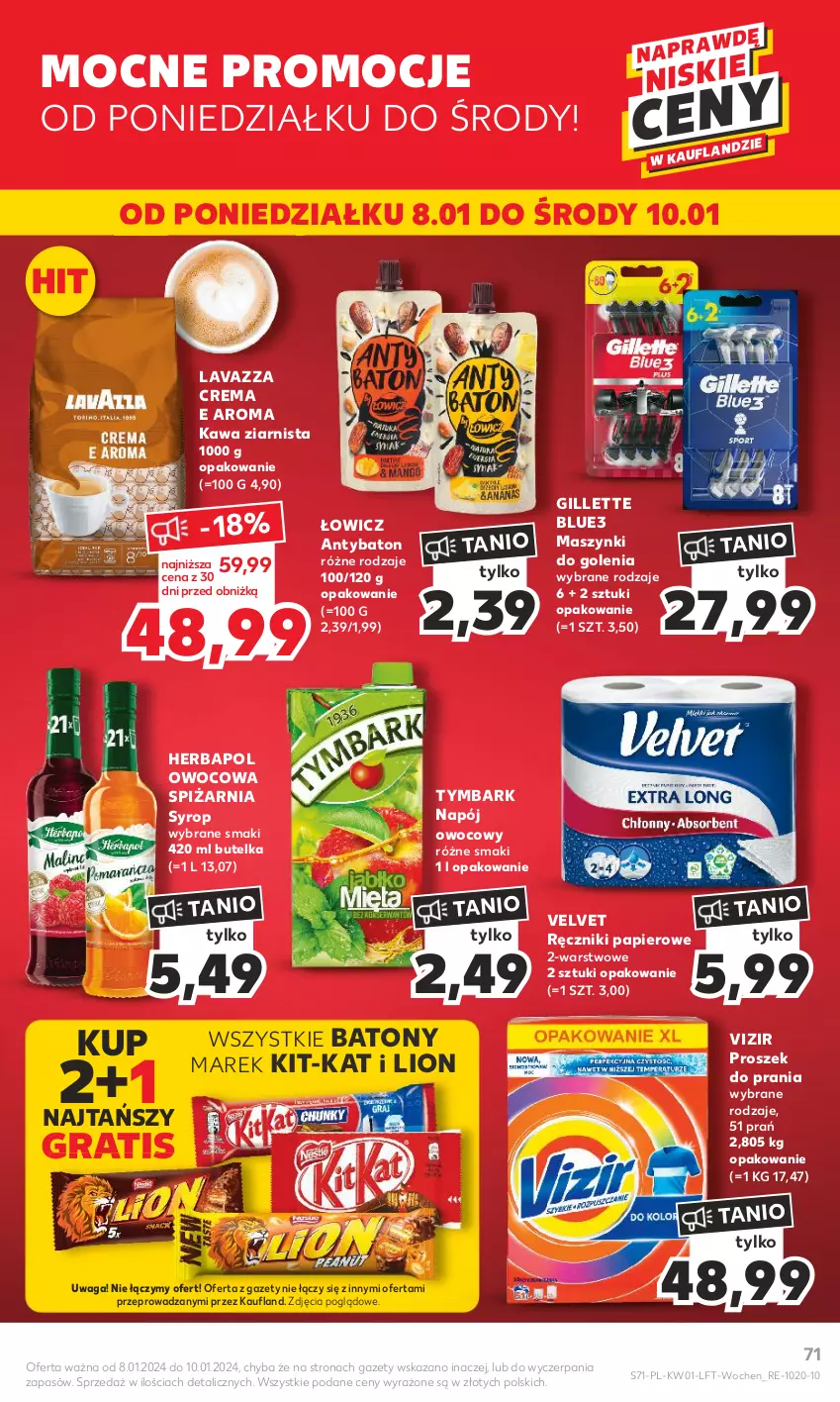 Gazetka promocyjna Kaufland - Gazetka tygodnia - ważna 03.01 do 10.01.2024 - strona 71 - produkty: Baton, Gillette, Gra, Herbapol, Kawa, Kawa ziarnista, Lavazza, Lion, Napój, Papier, Proszek do prania, Ręcznik, Ręczniki papierowe, Syrop, Tymbark, Velvet, Vizir, Waga