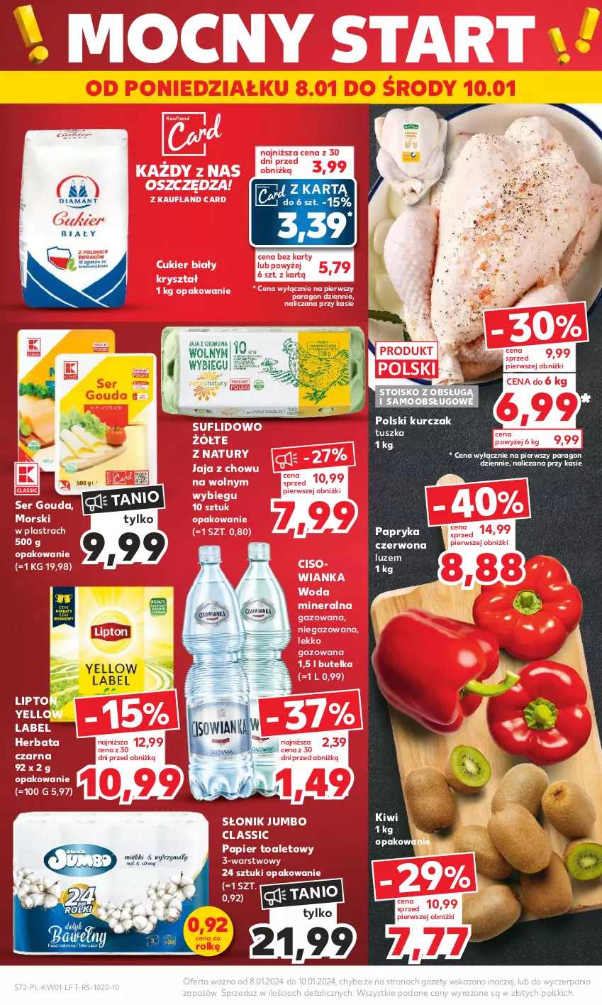 Gazetka promocyjna Kaufland - Gazetka tygodnia - ważna 03.01 do 10.01.2024 - strona 72 - produkty: Cisowianka, Cukier, Gouda, Herbata, Herbata czarna, Jaja, Kiwi, Kurczak, Lipton, Papier, Papier toaletowy, Papryka, Papryka czerwona, Ser, Tusz, Woda, Woda mineralna