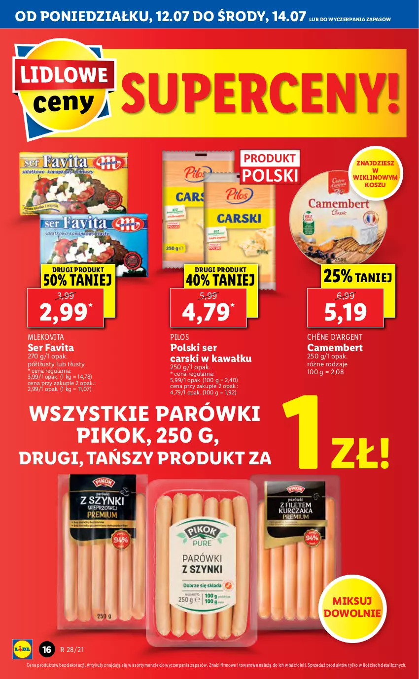 Gazetka promocyjna Lidl - GAZETKA - ważna 12.07 do 14.07.2021 - strona 16 - produkty: Camembert, Cars, Fa, Favita, Kawa, Kosz, Mleko, Mlekovita, Parówki, PIKOK, Pilos, Ser