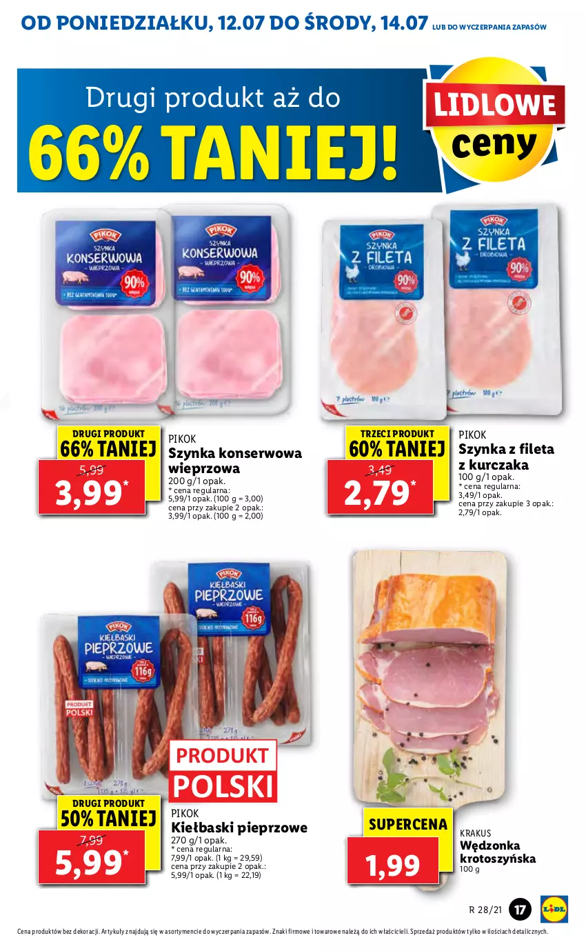 Gazetka promocyjna Lidl - GAZETKA - ważna 12.07 do 14.07.2021 - strona 17 - produkty: Kiełbaski pieprzowe, Krakus, Kurczak, Pieprz, PIKOK, Ser, Szynka, Szynka konserwowa