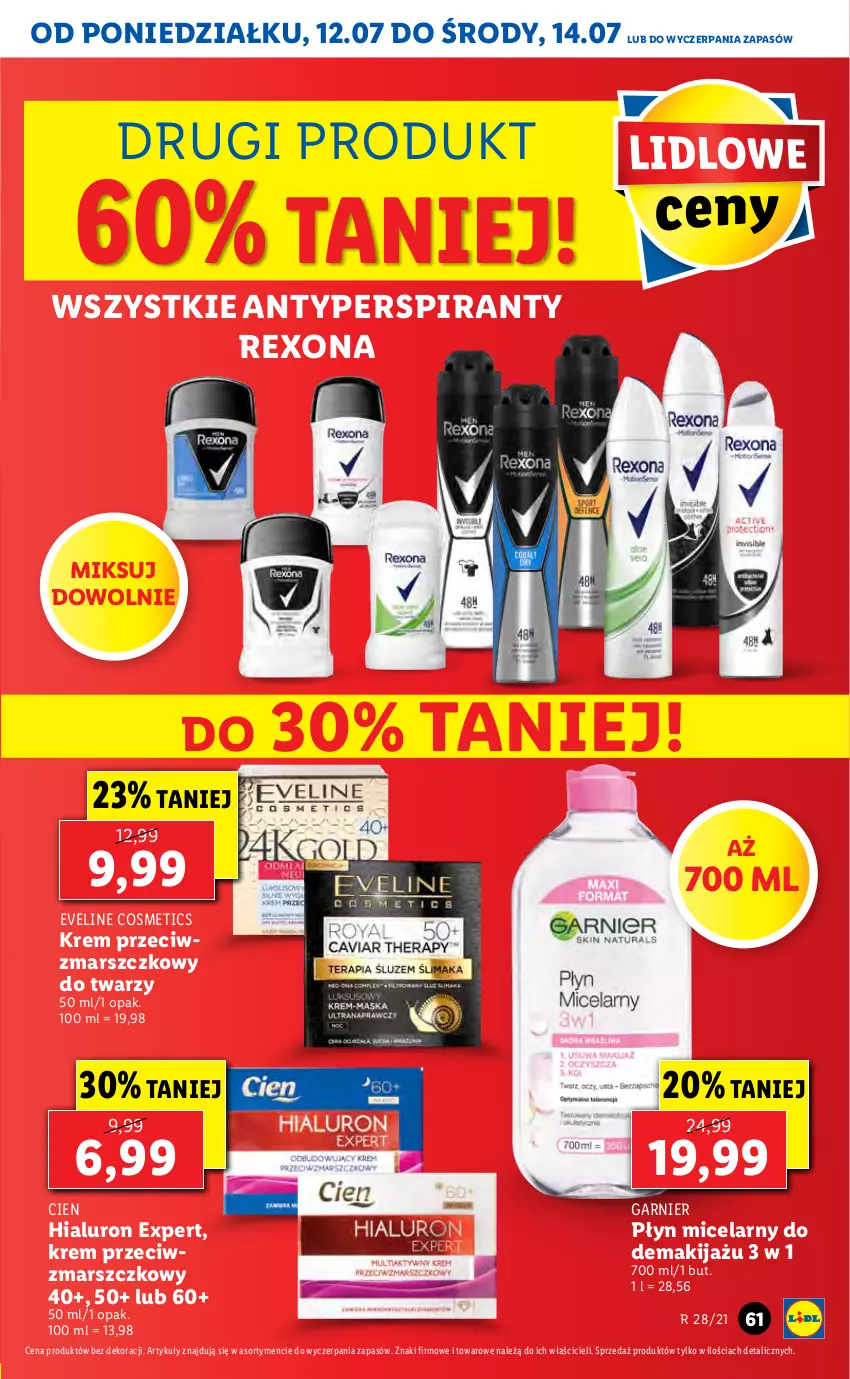 Gazetka promocyjna Lidl - GAZETKA - ważna 12.07 do 14.07.2021 - strona 61 - produkty: Antyperspirant, Eveline, Garnier, Krem przeciwzmarszczkowy, Makijaż, Mars, Płyn micelarny, Rexona