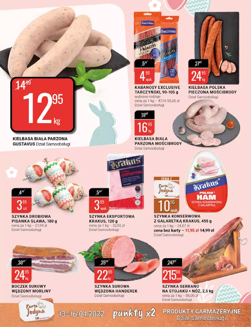 Gazetka promocyjna Bi1 - Czas na Wielkanoc - ważna 13.04 do 16.04.2022 - strona 6 - produkty: Boczek, Gala, Kabanos, Kiełbasa, Kiełbasa biała, Krakus, Morliny, Piec, Por, Ser, Sport, Stojak, Szynka, Szynka konserwowa, Tarczyński