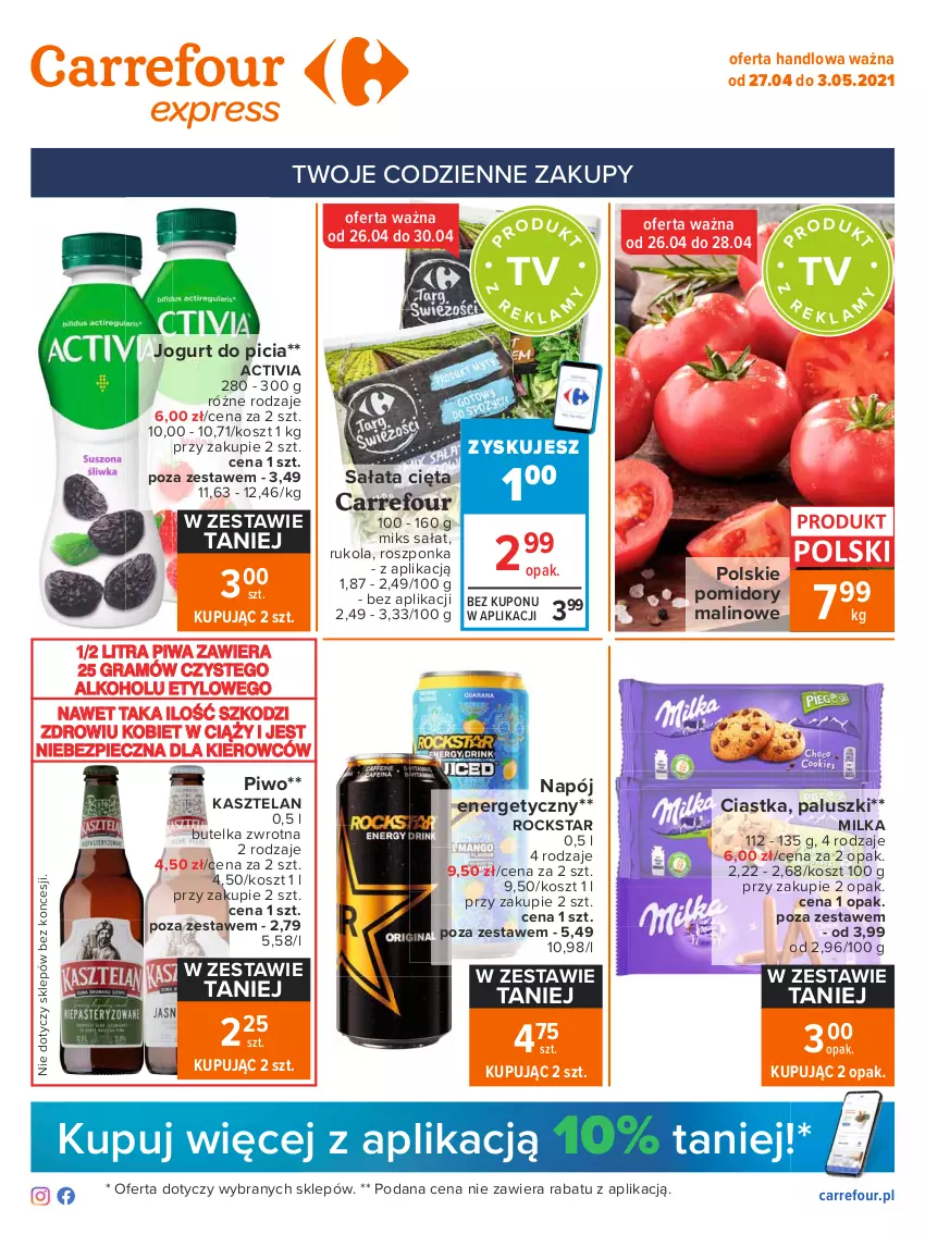 Gazetka promocyjna Carrefour - Gazetka Express - ważna 26.04 do 03.05.2021 - strona 1 - produkty: Activia, Ciastka, Gra, Jogurt, Kasztelan, Kosz, Milka, Napój, Napój energetyczny, Piec, Piwa, Piwo, Pomidory, Roszponka, Rukola, Sałat