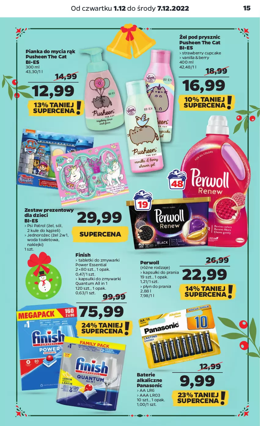 Gazetka promocyjna Netto - Artykuły spożywcze - ważna 01.12 do 07.12.2022 - strona 15 - produkty: Baterie alkaliczne, Dzieci, Finish, Jednorożec, Kapsułki do prania, Klej, Panasonic, Perwoll, Płyn do prania, Psi Patrol, Sól, Tablet, Tabletki do zmywarki, Woda, Woda toaletowa, Zestaw prezentowy, Zmywarki