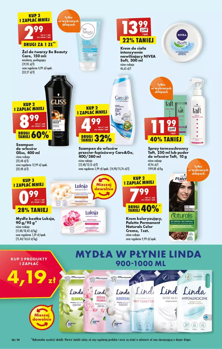 Gazetka promocyjna Biedronka - W tym tygodniu PN - ważna 25.04 do 02.05.2022 - strona 48 - produkty: Be Be, Krem do ciała, Luksja, Mydło, Nivea, Palette, Peeling, Puder, Szampon, Taft