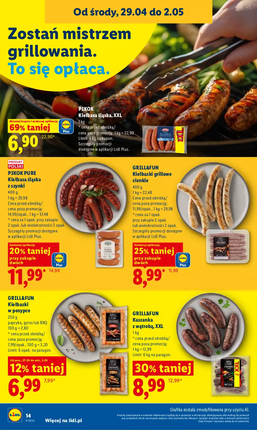 Gazetka promocyjna Lidl - Gazetka ważna od 29.04 do 2.05 - ważna 29.04 do 02.05.2026 - strona 14 - produkty: Gra, Grafika, Grill, Gyros, Kasza, Kaszanka, Kiełbasa, Kiełbasa śląska, Papryka, PIKOK, Pur