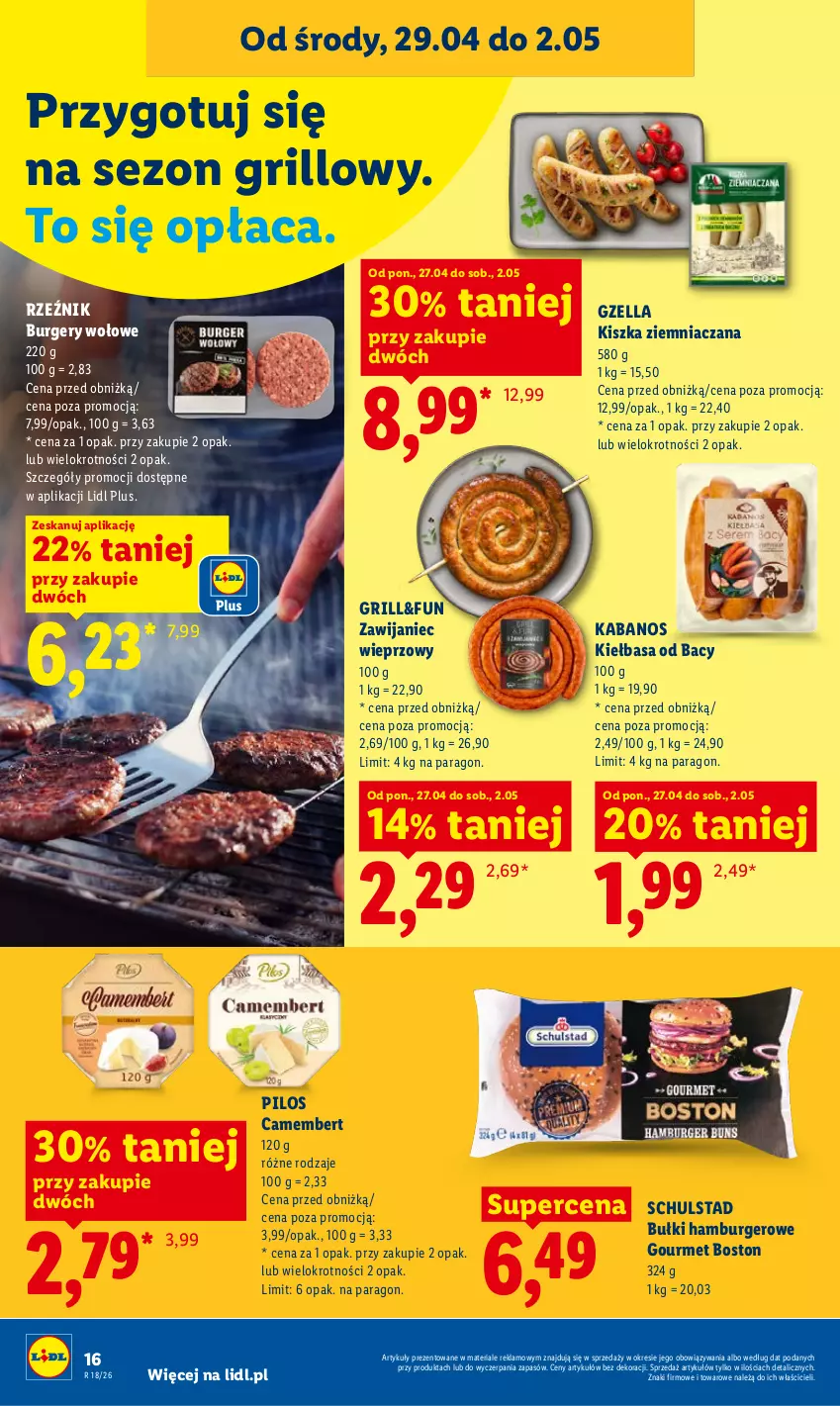 Gazetka promocyjna Lidl - Gazetka ważna od 29.04 do 2.05 - ważna 29.04 do 02.05.2026 - strona 16 - produkty: Burger, Camembert, Grill, Hamburger, Kabanos, Kiełbasa, Pilos