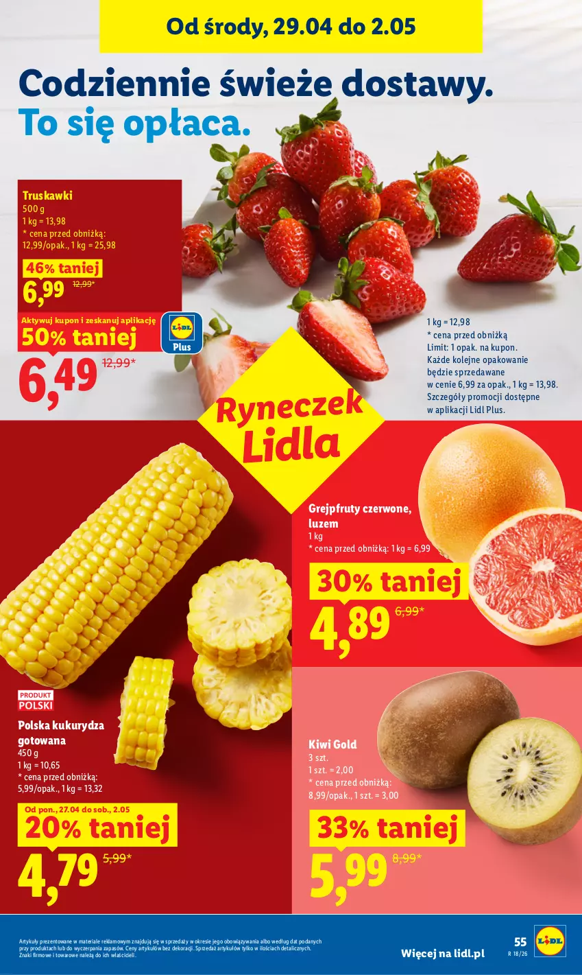 Gazetka promocyjna Lidl - Gazetka ważna od 29.04 do 2.05 - ważna 29.04 do 02.05.2026 - strona 55 - produkty: Grejpfrut, Kiwi, Kukurydza, Olej, Truskawki