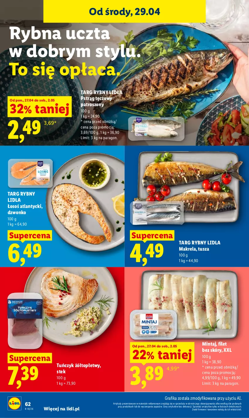 Gazetka promocyjna Lidl - Gazetka ważna od 29.04 do 2.05 - ważna 29.04 do 02.05.2026 - strona 62 - produkty: Gra, Grafika, Mintaj, Pstrąg, Pstrąg tęczowy, Stek, Top, Tuńczyk, Tusz