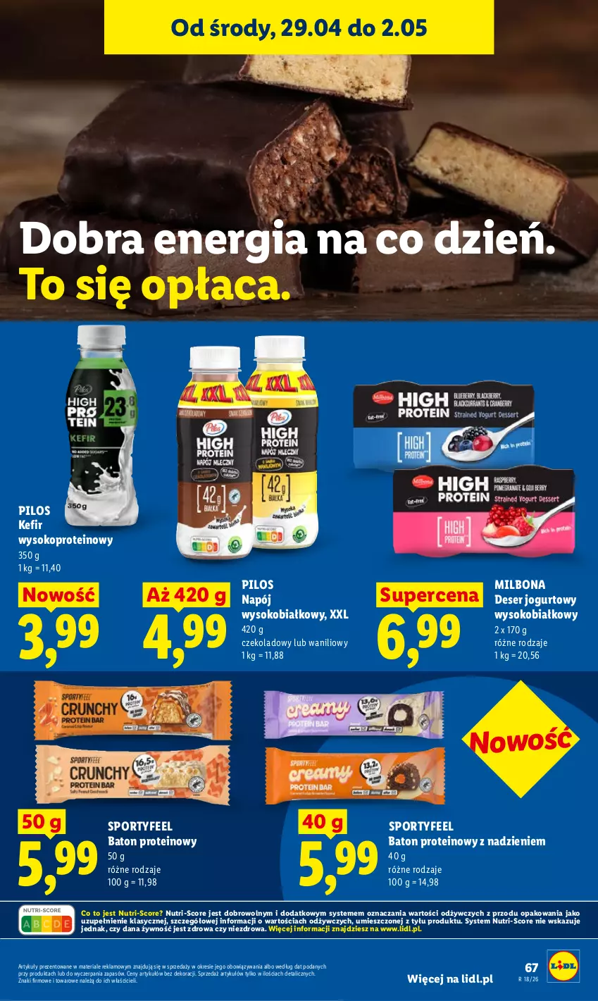 Gazetka promocyjna Lidl - Gazetka ważna od 29.04 do 2.05 - ważna 29.04 do 02.05.2026 - strona 67 - produkty: Baton, Deser, Jogurt, Kefir, Napój, Pilos, Por, Ser, Sok, Sport