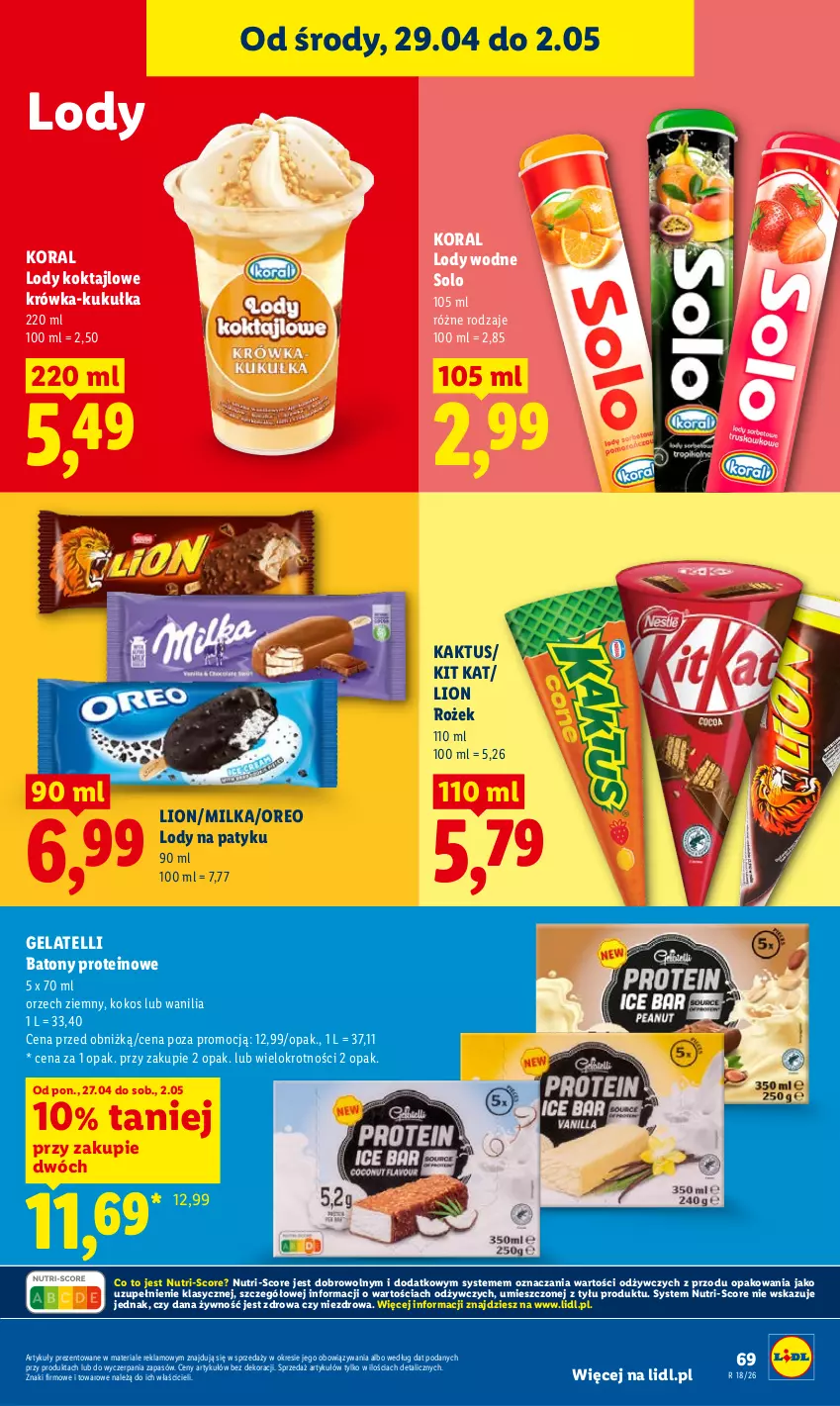 Gazetka promocyjna Lidl - Gazetka ważna od 29.04 do 2.05 - ważna 29.04 do 02.05.2026 - strona 69 - produkty: Baton, Kaktus, Kit Kat, Kokos, Lion, Lody, Milka, Oreo