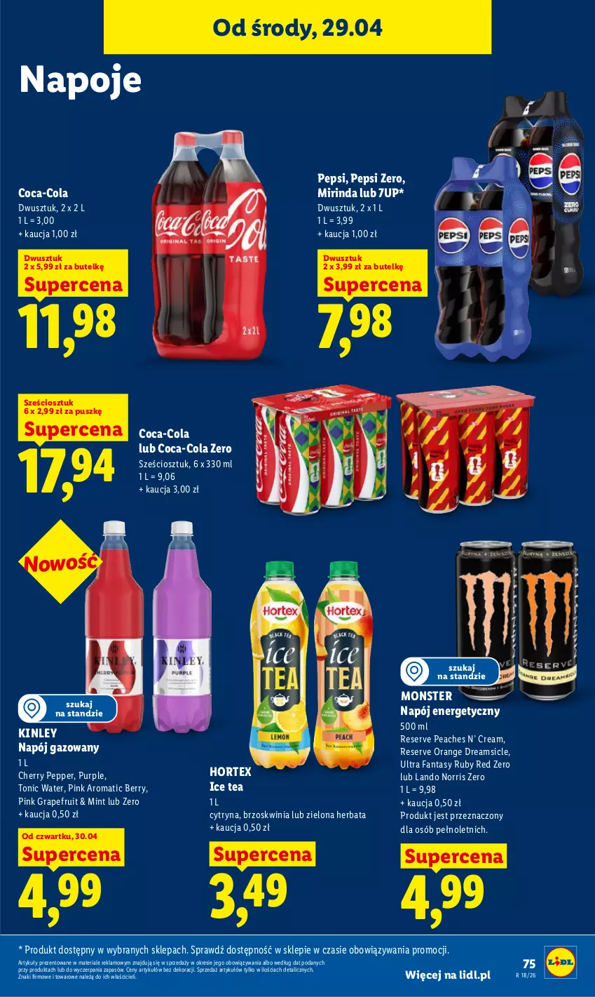 Gazetka promocyjna Lidl - Gazetka ważna od 29.04 do 2.05 - ważna 29.04 do 02.05.2026 - strona 75 - produkty: 7up, Coca-Cola, Fa, Fanta, Gra, Herbata, Hortex, Ice tea, Mirinda, Napój, Napój energetyczny, Napój gazowany, Napoje, Pepsi, Pur, Ser