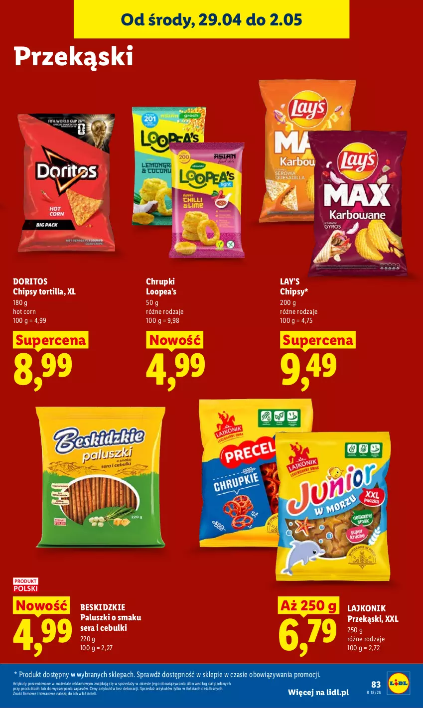 Gazetka promocyjna Lidl - Gazetka ważna od 29.04 do 2.05 - ważna 29.04 do 02.05.2026 - strona 85 - produkty: Beskidzki, Beskidzkie paluszki, Chipsy, Chrupki, Lajkonik, Lay’s, Ser, Tortilla