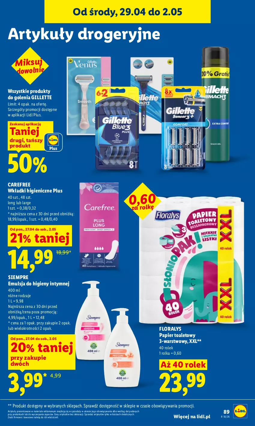 Gazetka promocyjna Lidl - Gazetka ważna od 29.04 do 2.05 - ważna 29.04 do 02.05.2026 - strona 93 - produkty: Carefree, Emulsja, Flora, Gillette, Papier, Papier toaletowy, Wkładki