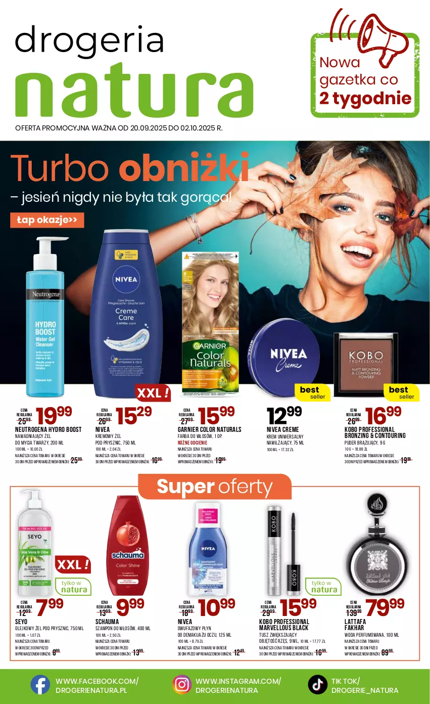 Gazetka promocyjna Drogerie Natura - Gazetka Drogerie Natura - ważna 20.09 do 02.10.2025 - strona 1 - produkty: Fa, Farba do włosów, Garnier, Gra, KOBO, Krem uniwersalny, Lack, Makijaż, Neutrogena, Nivea, Olej, Perfum, Puder, Schauma, Szampon, Tusz, Woda, Woda perfumowana