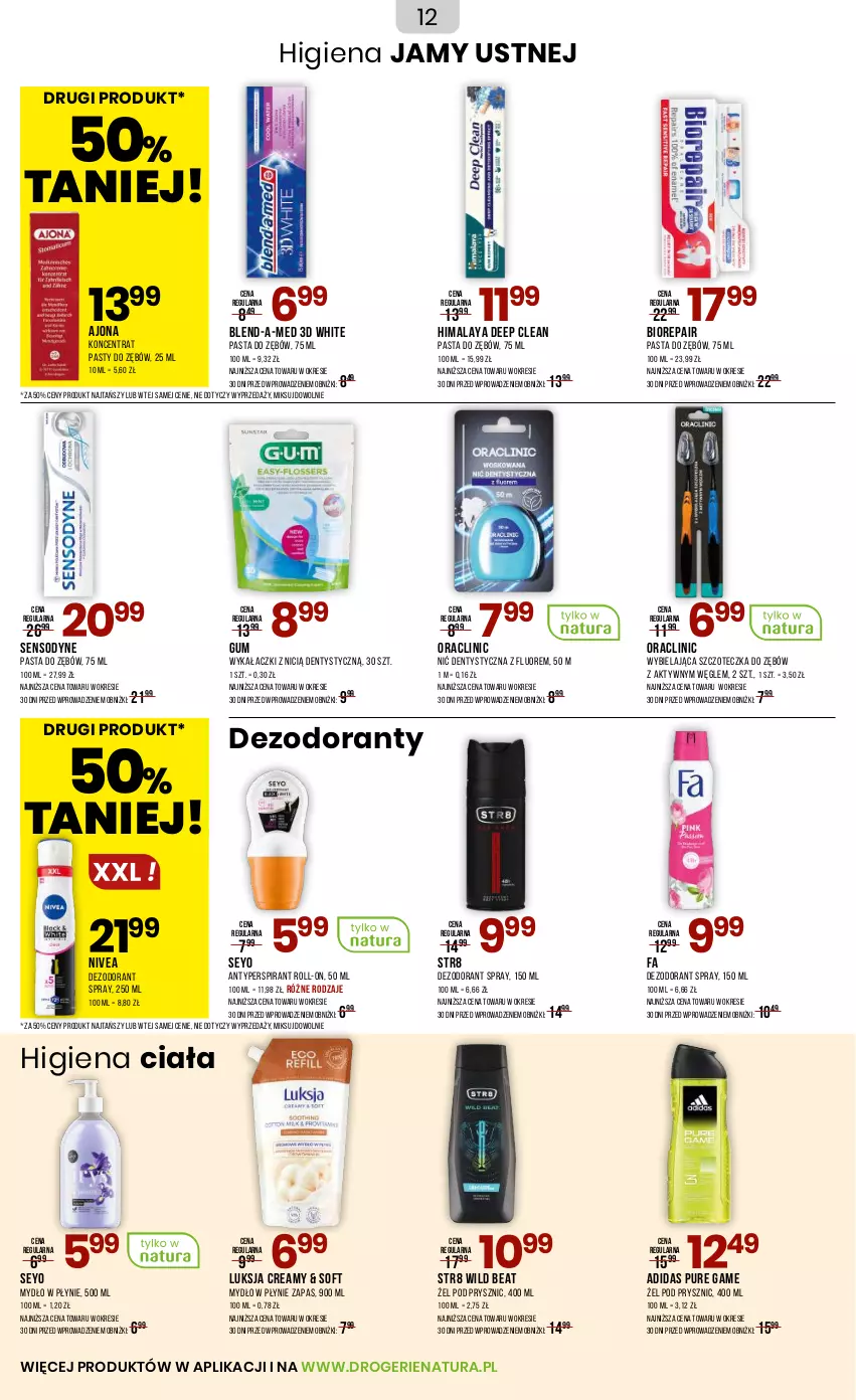 Gazetka promocyjna Drogerie Natura - Gazetka Drogerie Natura - ważna 20.09 do 02.10.2025 - strona 12 - produkty: Adidas, Antyperspirant, Biorepair, Blend-a-Med, Clin, Dezodorant, Fa, Higiena jamy ustnej, Himalaya, Luksja, Mydło, Mydło w płynie, Nić dentystyczna, Nivea, Pasta do zębów, Pur, Sensodyne, Str8, Szczoteczka, Szczoteczka do zębów