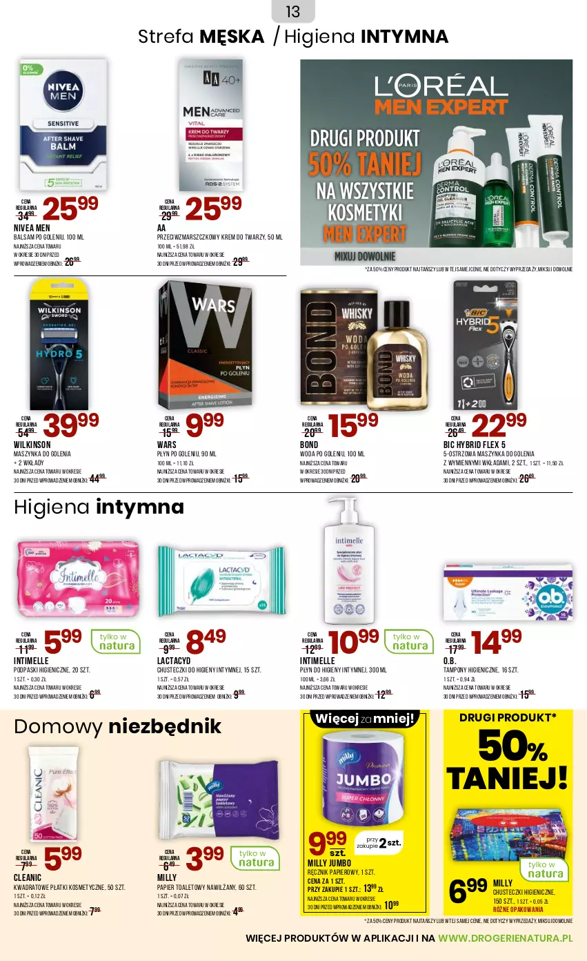 Gazetka promocyjna Drogerie Natura - Gazetka Drogerie Natura - ważna 20.09 do 02.10.2025 - strona 13 - produkty: Balsam po goleniu, BIC, Chusteczki, Chusteczki do higieny, Cleanic, Fa, Krem do twarzy, Lactacyd, Mars, Maszynka, Maszynka do golenia, Nivea, Nivea Men, O.B., Papier, Papier toaletowy, Płatki kosmetyczne, Płyn do higieny intymnej, Podpaski, Ręcznik, Szynka, Tampony, Woda, Woda po goleniu
