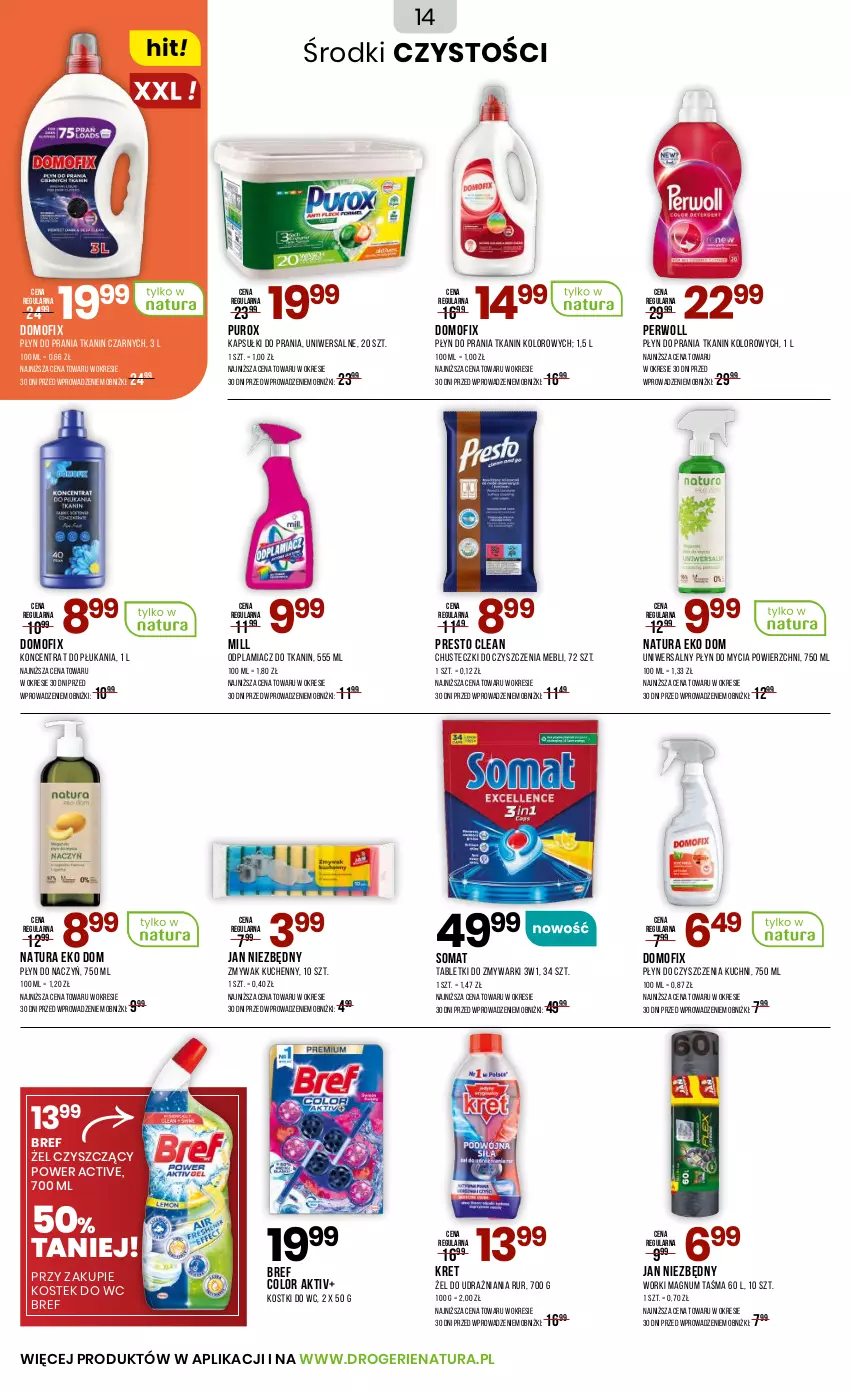 Gazetka promocyjna Drogerie Natura - Gazetka Drogerie Natura - ważna 20.09 do 02.10.2025 - strona 14 - produkty: Bref, Chusteczki, Chusteczki do czyszczenia, Jan Niezbędny, Kapsułki do prania, Kret, Odplamiacz, Perwoll, Płyn do mycia, Płyn do prania, Presto, Pur, Somat, Stek, Tablet, Tabletki do zmywarki, Zmywarki