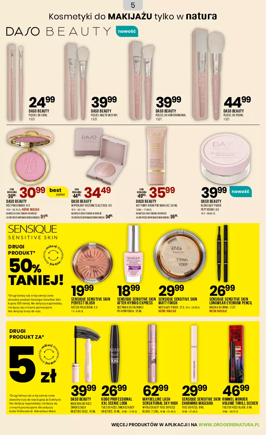Gazetka promocyjna Drogerie Natura - Gazetka Drogerie Natura - ważna 20.09 do 02.10.2025 - strona 5 - produkty: Bell, Finish, KOBO, Kredka, Kredka do brwi, Lack, Makijaż, Maybelline, Odżywka, Pędzel do pudru, Puder, Róż do policzków, Rozświetlacz, Sati, Tusz