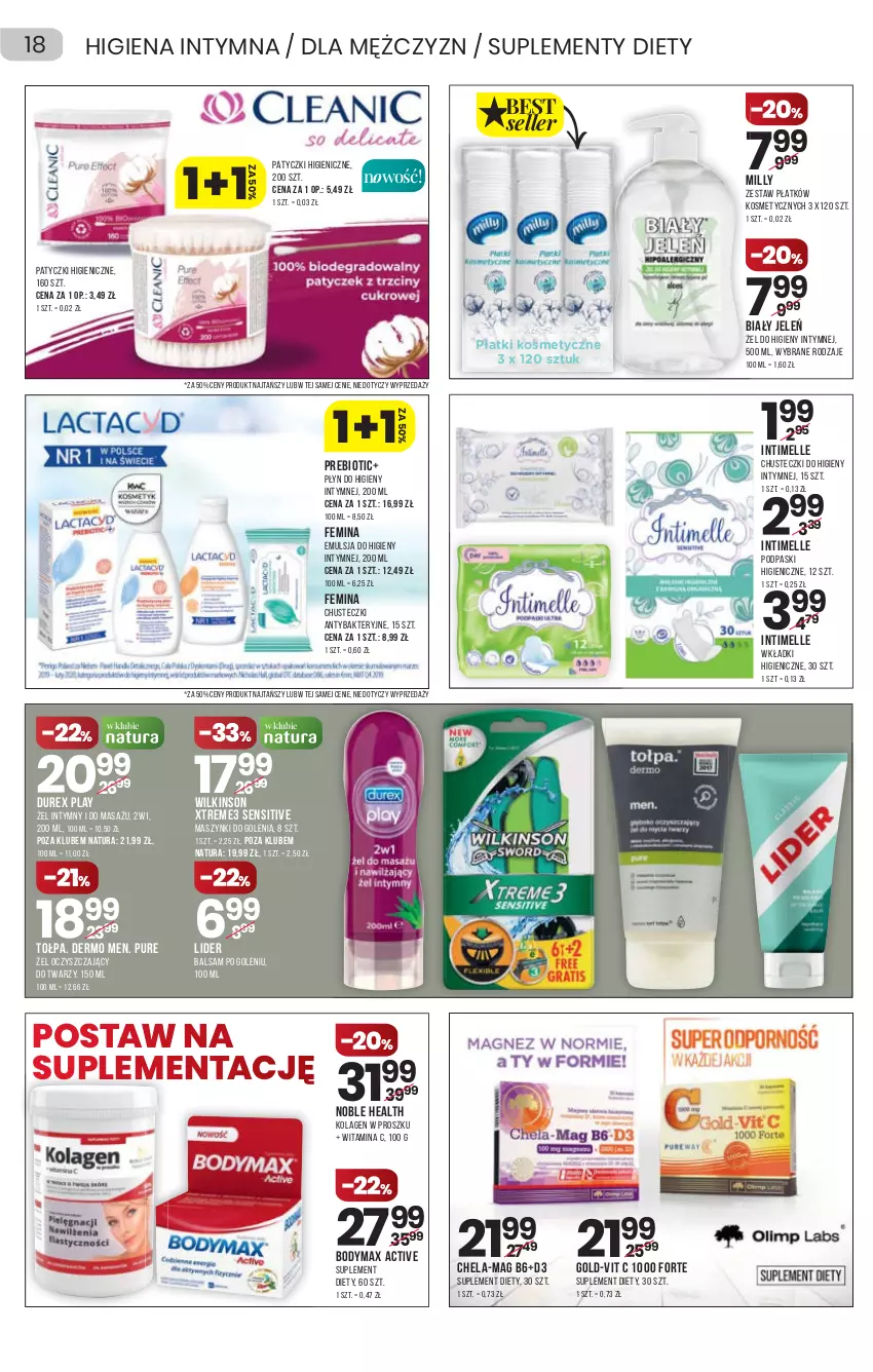 Gazetka promocyjna Drogerie Natura - Gazetka Drogerie Natura - ważna 21.10 do 03.11.2021 - strona 18 - produkty: Balsam po goleniu, Biały Jeleń, Body, Bodymax, Chusteczki, Chusteczki do higieny, Durex, Emulsja, Kolagen, Płatki kosmetyczne, Płyn do higieny intymnej, Podpaski, Pur, Suplement diety, Tołpa, Wkładki