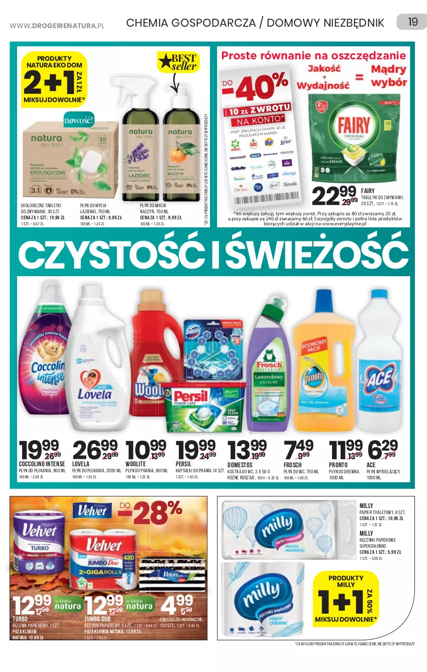 Gazetka promocyjna Drogerie Natura - Gazetka Drogerie Natura - ważna 21.10 do 03.11.2021 - strona 19 - produkty: Chusteczki, Coccolino, Domestos, Fa, Fairy, Frosch, Kapsułki do prania, Kostka do wc, Lovela, Papier, Papier toaletowy, Persil, Płyn do mycia, Płyn do płukania, Płyn do prania, Płyn do wc, Pronto, Ręcznik, Ręczniki papierowe, Tablet, Tabletki do zmywarki, Woolite, Zmywarki