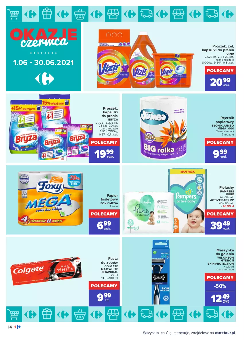 Gazetka promocyjna Carrefour - Gazetka Okazje czerwca - ważna 31.05 do 30.06.2021 - strona 14 - produkty: Bryza, Colgate, Foxy, Kapsułki do prania, LG, Maszynka, Maszynka do golenia, Pampers, Papier, Papier toaletowy, Pasta do zębów, Pieluchy, Pur, Ręcznik, Rolki, Szynka, Vizir