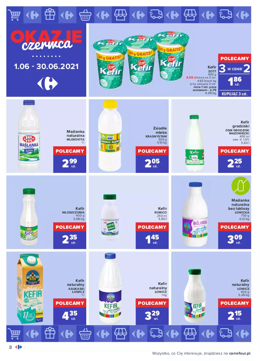 Gazetka promocyjna Carrefour - Gazetka Okazje czerwca - ważna 31.05 do 30.06.2021 - strona 8 - produkty: BIC, Kask, Kefir, Kefir naturalny, Kosz, Maślanka, Mleko, Mlekovita, Robico, Zott