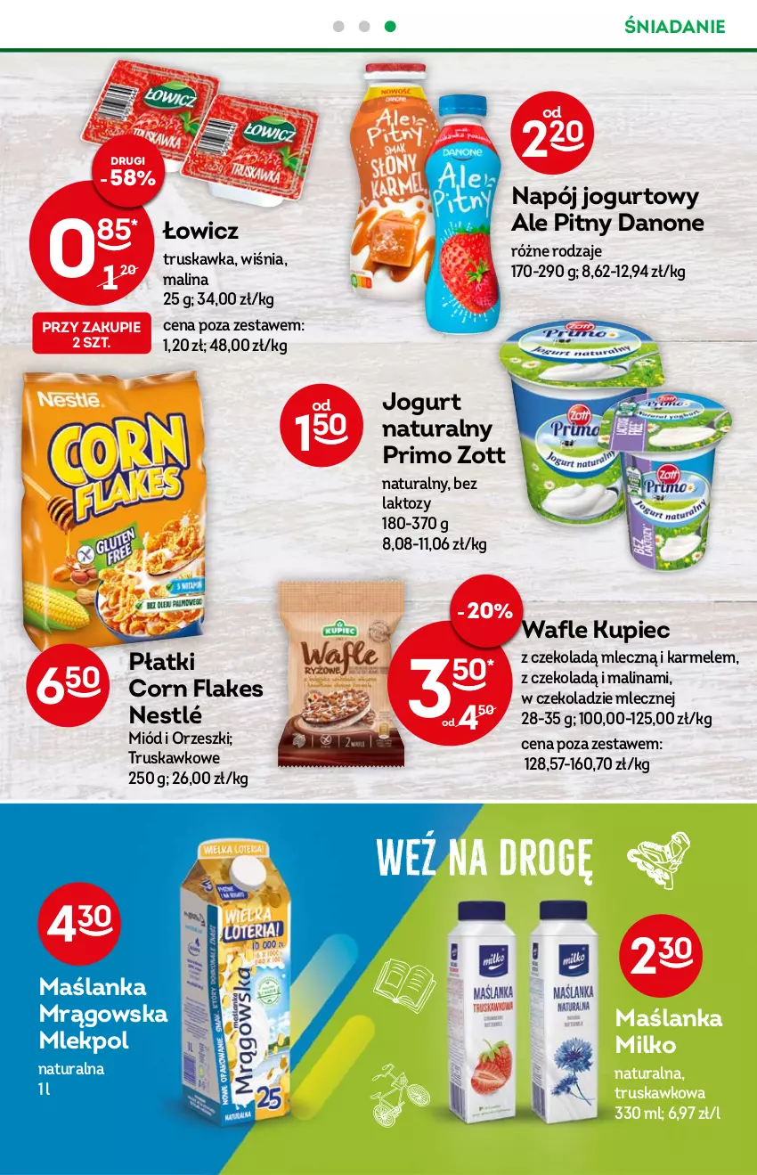 Gazetka promocyjna Żabka - ważna 06.07 do 12.07.2022 - strona 26 - produkty: Corn flakes, Danone, Jogurt, Jogurt naturalny, Kupiec, Maślanka, Miód, Napój, Napój jogurtowy, Nestlé, Orzeszki, Piec, Wafle, Zott