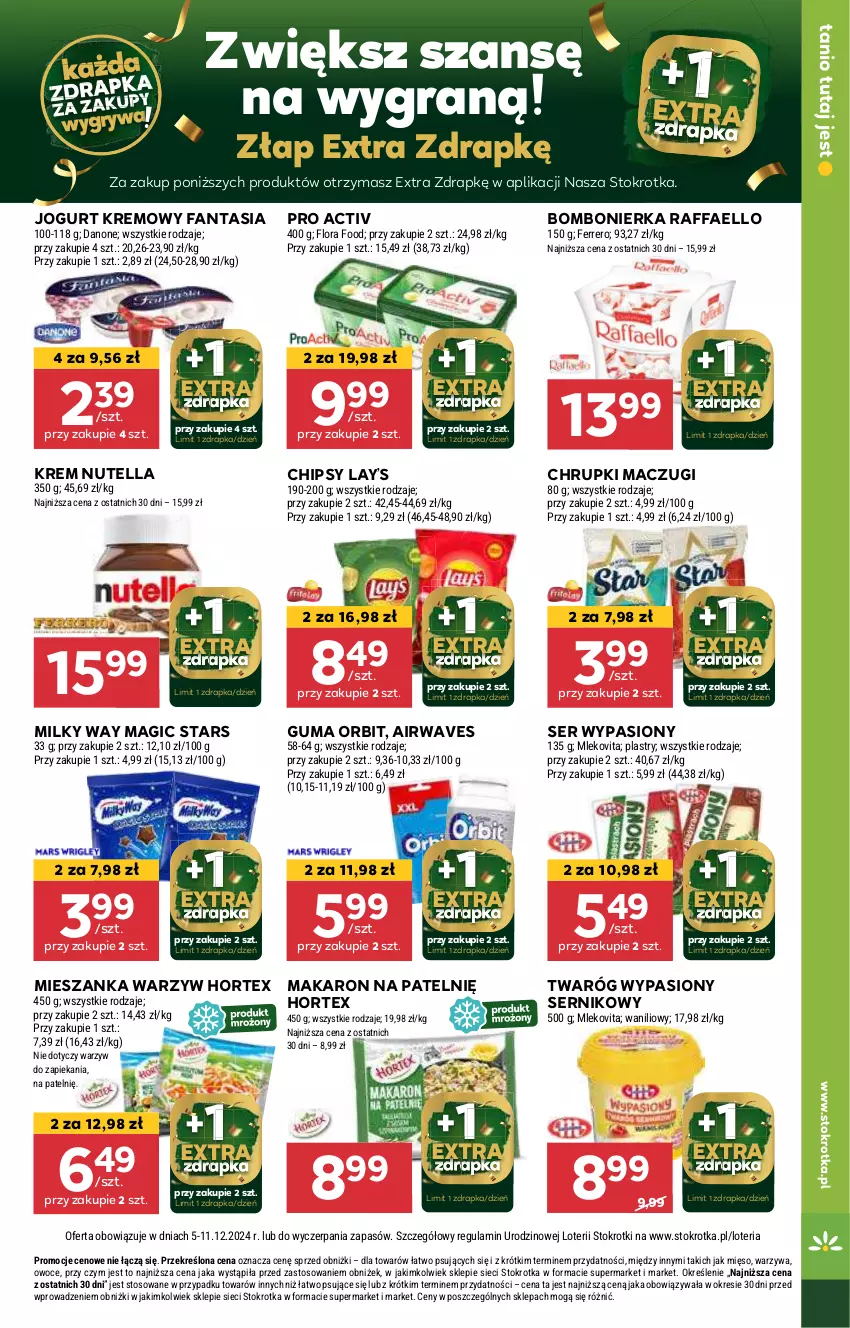 Gazetka promocyjna Stokrotka - Supermarket - ważna 05.12 do 11.12.2024 - strona 17 - produkty: Chipsy, Chrupki, Fa, Fanta, Gra, Hortex, Jogurt, Lay’s, Makaron, Mięso, Mieszanka warzyw, Milky Way, Nutella, Orbit, Owoce, Raffaello, Ser, Twaróg, Warzywa