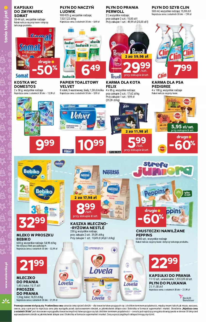 Gazetka promocyjna Stokrotka - Supermarket - ważna 05.12 do 11.12.2024 - strona 44 - produkty: Bebiko, Chusteczki, Clin, Domestos, Felix, Kapsułki do prania, Ludwik, Mięso, Mleczko, Mleczko do prania, Mleko, Mleko w proszku, Nestlé, Owoce, Papier, Papier toaletowy, Pedigree, Perwoll, Płyn do płukania, Płyn do prania, Płyn do szyb, Proszek do prania, Ryż, Somat, Velvet, Warzywa