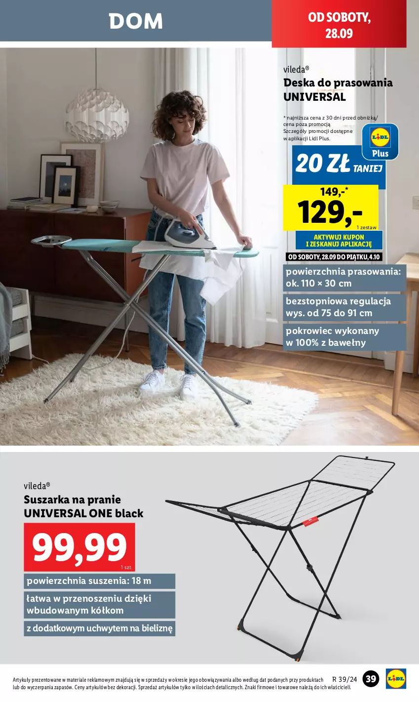 Gazetka promocyjna Lidl - GAZETKA - ważna 23.09 do 28.09.2024 - strona 43 - produkty: Deska do prasowania, Lack, Pokrowiec, Suszarka, Suszarka na pranie, Top, Vileda