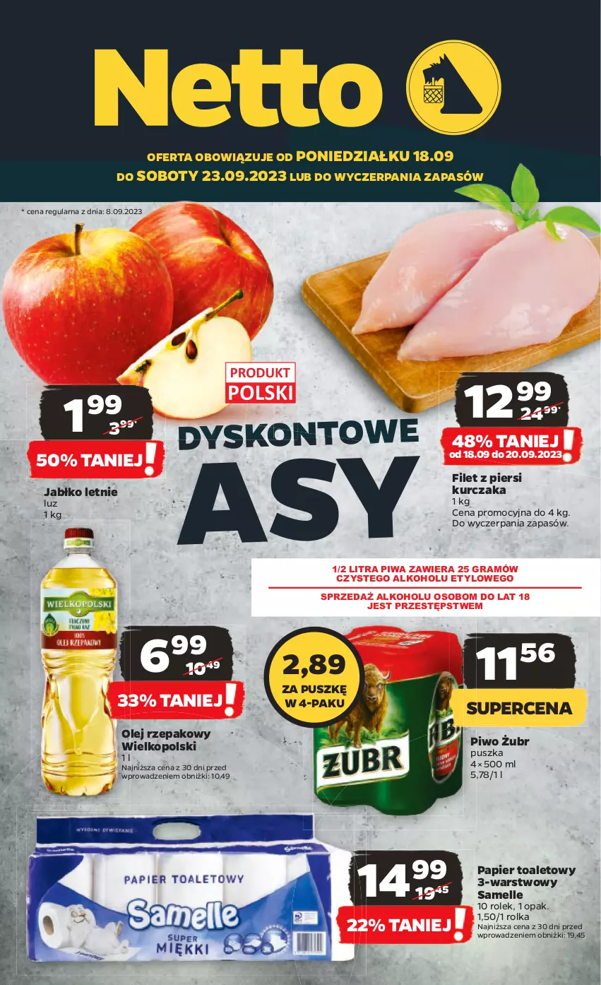 Gazetka promocyjna Netto - Artykuły spożywcze - ważna 18.09 do 23.09.2023 - strona 1 - produkty: Filet z piersi kurczaka, Gra, Kurczak, Olej, Olej rzepakowy, Papier, Papier toaletowy, Piwa, Piwo