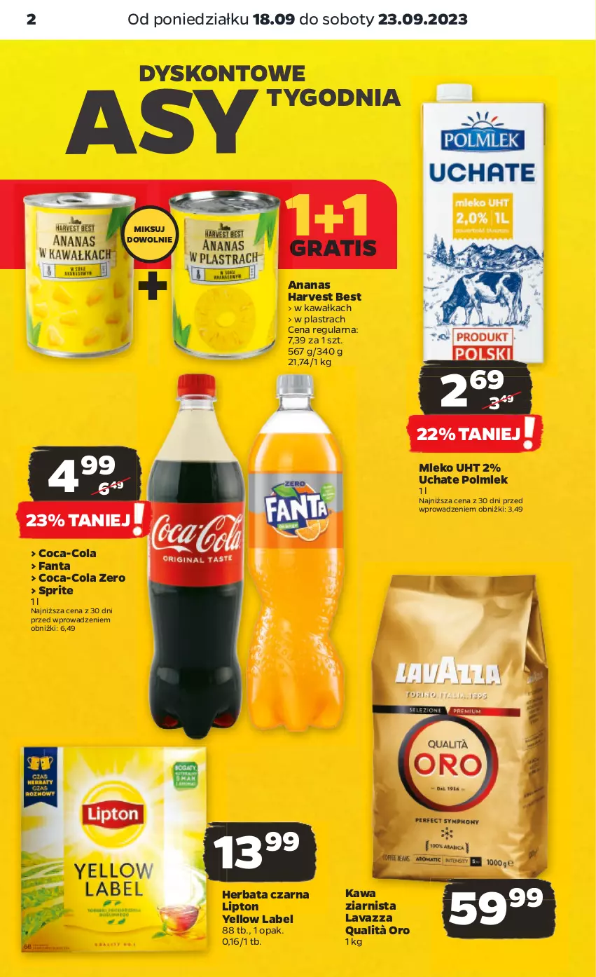 Gazetka promocyjna Netto - Artykuły spożywcze - ważna 18.09 do 23.09.2023 - strona 2 - produkty: Ananas, Coca-Cola, Fa, Fanta, Gra, Herbata, Herbata czarna, Kawa, Kawa ziarnista, Lavazza, Lipton, Mleko, POLMLEK, Sprite