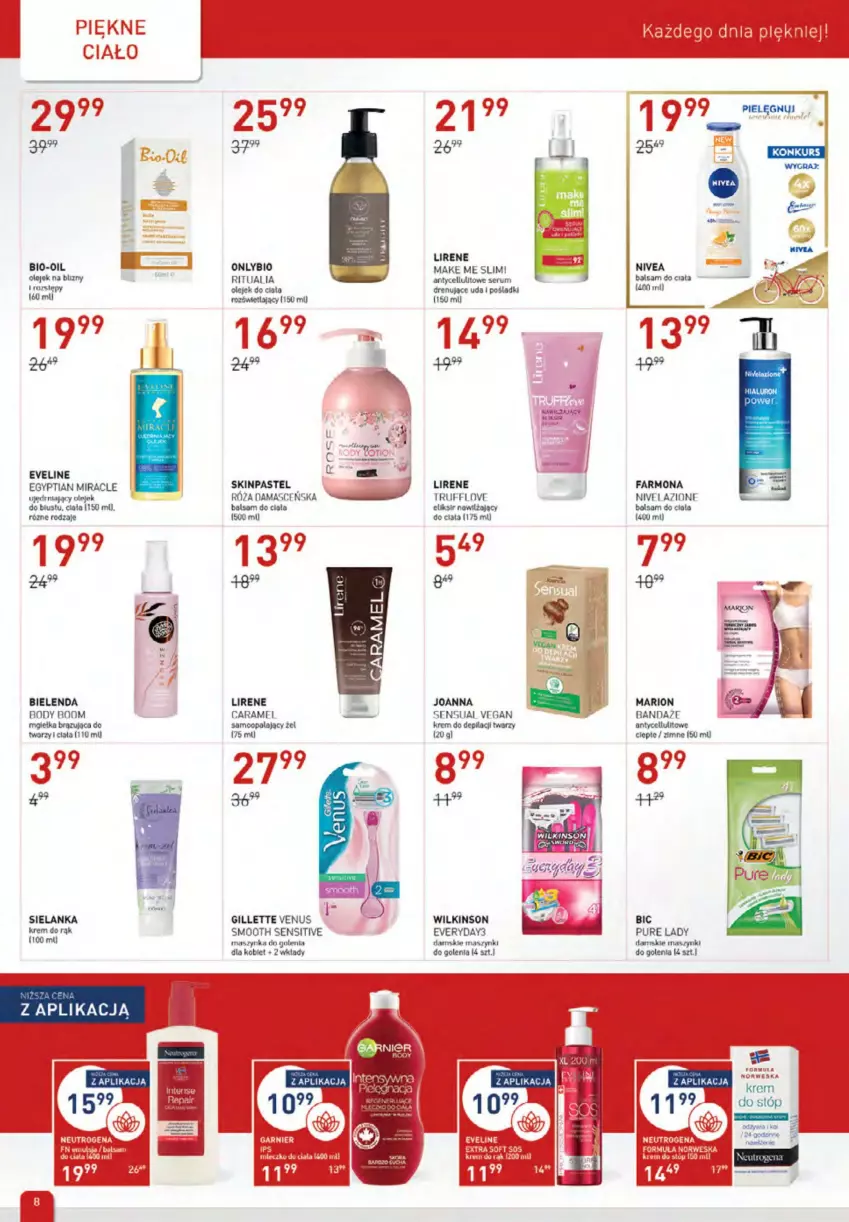 Gazetka promocyjna Drogerie Jawa - ważna 07.04 do 04.05.2022 - strona 8 - produkty: Balsam do ciała, BIC, Bielenda, Bio-Oil, Emulsja, Eveline, Fa, Gillette, Gillette Venus, Joanna, Krem do depilacji, Krem do rąk, Krem do stóp, Lirene, Maszynka, Nawilżający balsam, Neutrogena, Nivea, Nivelazione, Olej, Olejek do ciała, Pur, Róża, Rum, Ser, Serum, Szynka, Top, Venus