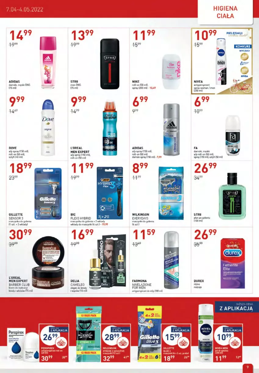 Gazetka promocyjna Drogerie Jawa - ważna 07.04 do 04.05.2022 - strona 9 - produkty: Adidas, Antyperspirant, BIC, Dove, Durex, Eleo, Fa, Gillette, Maszynka, Maszynka do golenia, Nike, Nivea, Nivelazione, Str8, Szynka