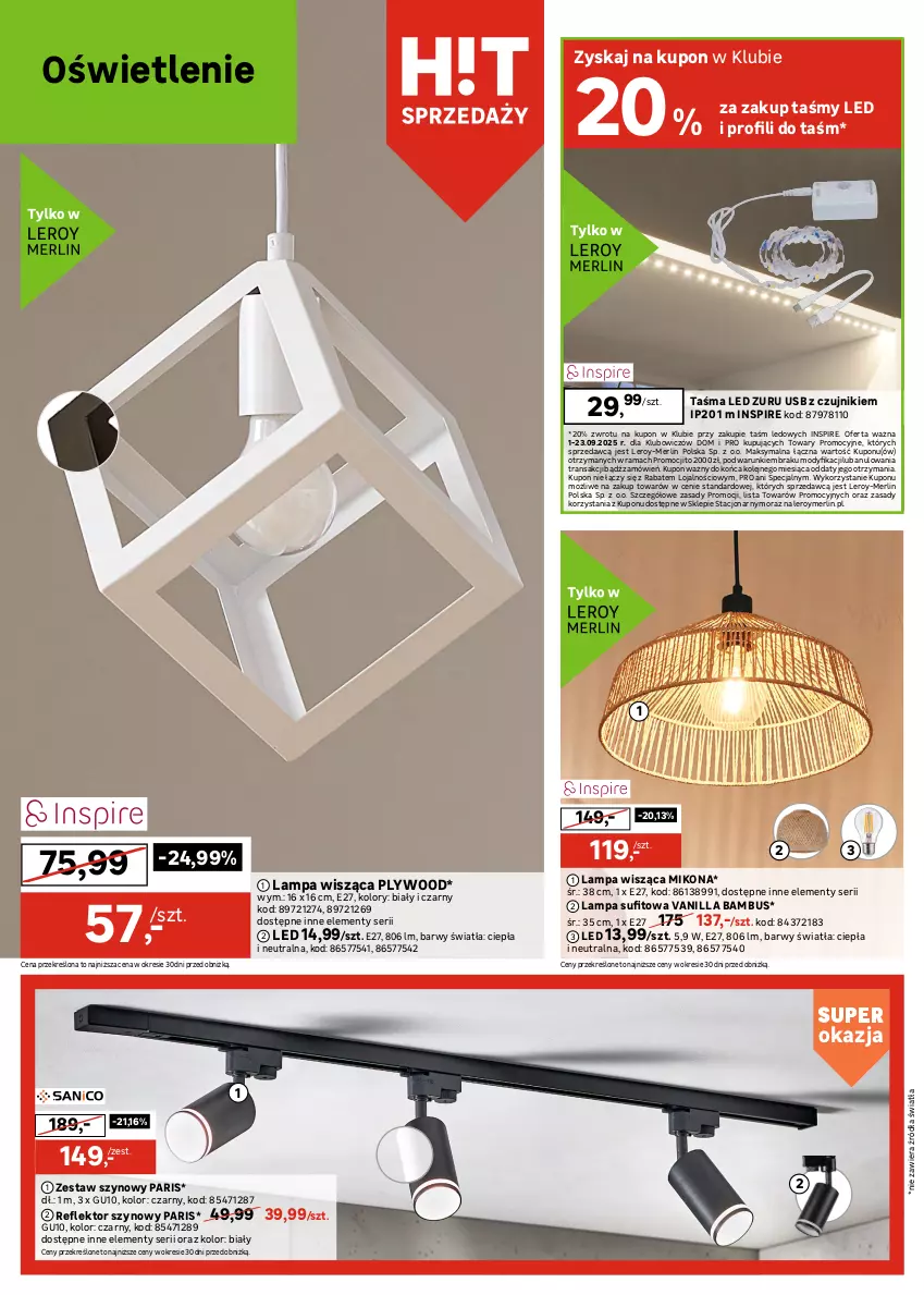 Gazetka promocyjna Leroy Merlin - Gazetka Leroy Merlin - ważna 29.08 do 23.09.2025 - strona 16 - produkty: Fa, Gniazdo pojedyncze, Lampa, Lampa sufitowa, Lampa wisząca, Olej, Plafon, Por, Przewód, Rama, Ramka, Reflektor, Ser, Sport, Telefon, Tran, Włącznik podwójny, Włącznik pojedynczy