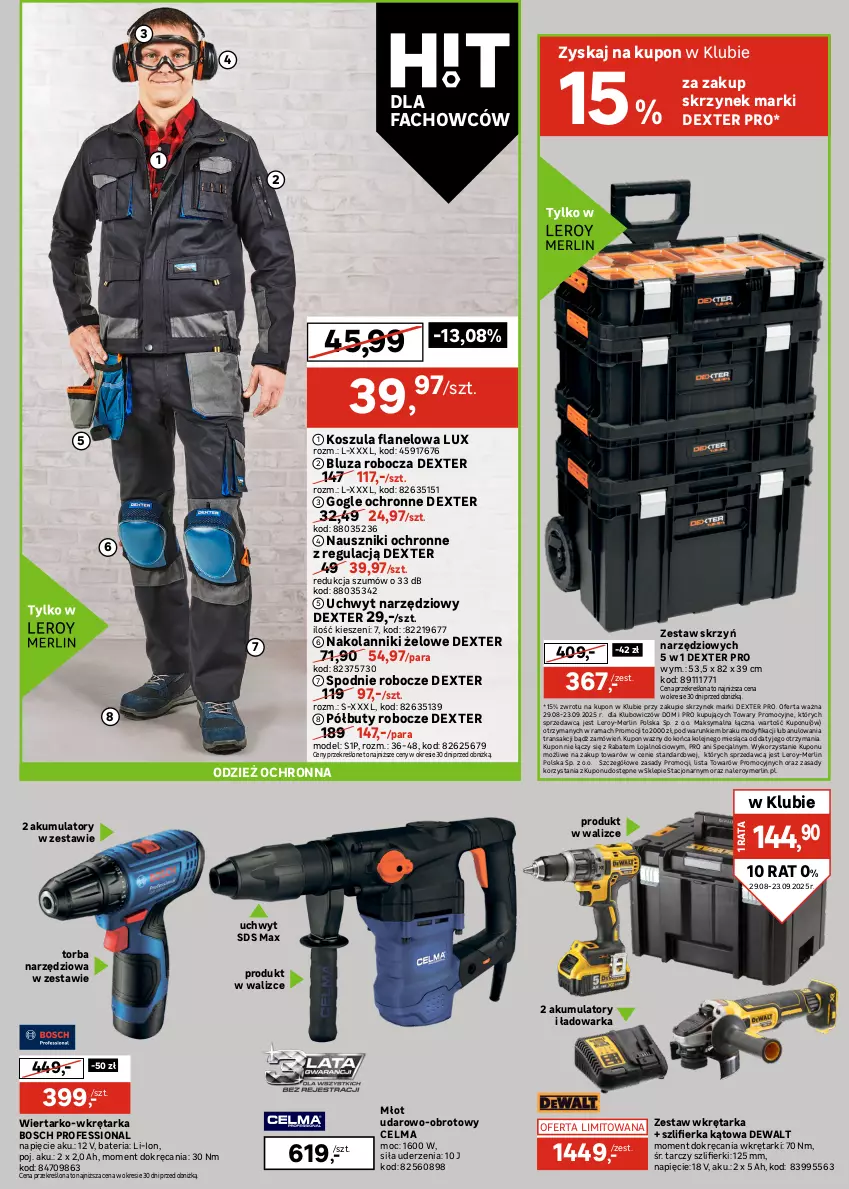 Gazetka promocyjna Leroy Merlin - Gazetka Leroy Merlin - ważna 29.08 do 23.09.2025 - strona 24 - produkty: Akumulator, Bateria, Bluza, Bosch, Buty, Buty robocze, Celma, Cynk, Dźwig, Fa, Kosz, Koszula, Młot, Młot udarowo-obrotowy, Mobil, Olej, Pojemnik, Półbuty, Rama, Regał, Regał metalowy, Ser, Sok, Spodnie, Szlifierka, Szlifierka kątowa, Tarka, Torba, Tran, Warka, Wkręt, Wkrętarka