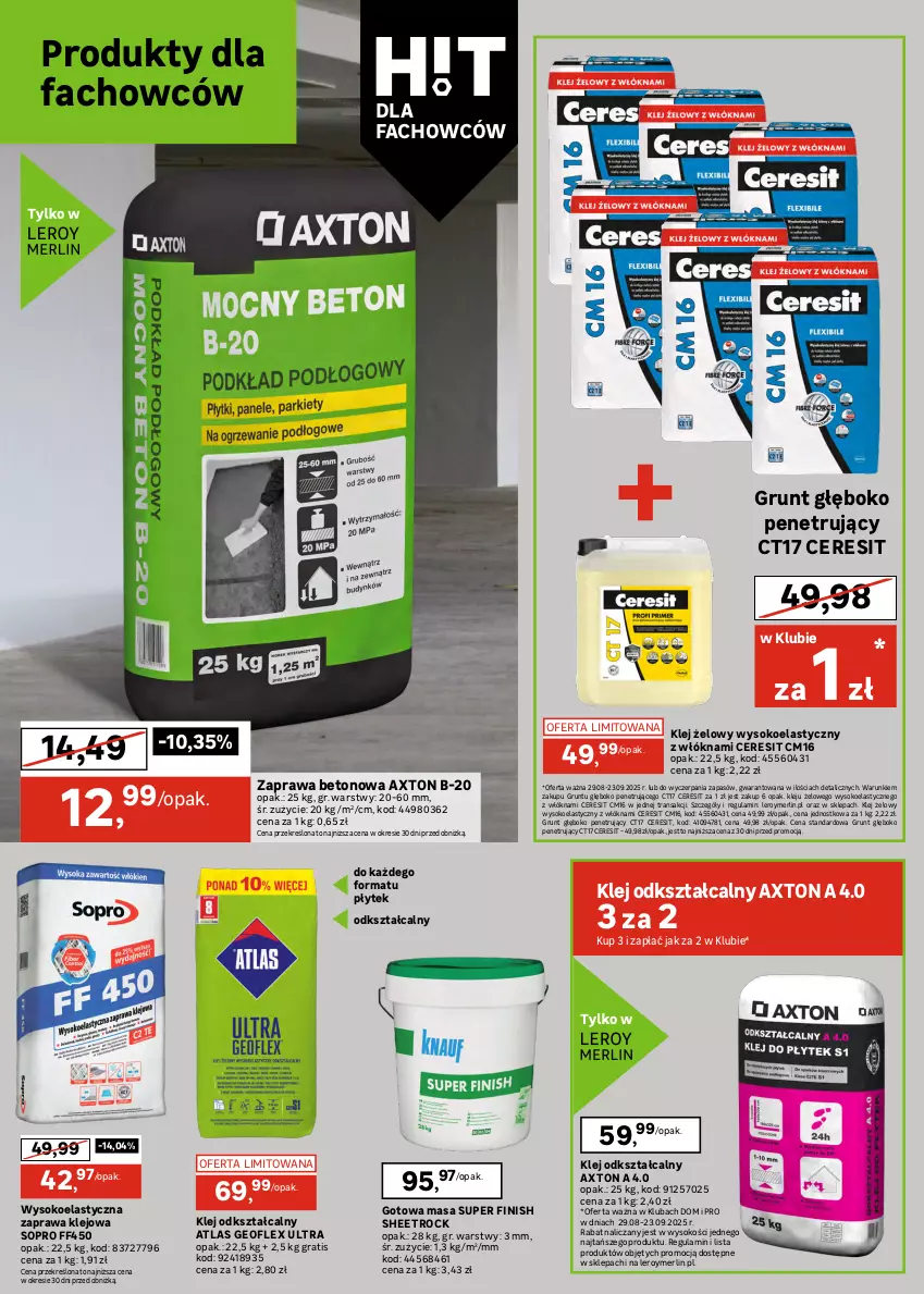 Gazetka promocyjna Leroy Merlin - Gazetka Leroy Merlin - ważna 29.08 do 23.09.2025 - strona 28 - produkty: Cement, Ceresit, Fa, Finish, Geoflex, Gładź polimerowa, Gra, Grunt, Klej, LANA, Paleta, Płyta, Płyta osb, Siatka, Sok, Tran, Wałek, Wełna, Wełna szklana, Zaprawa klejowa