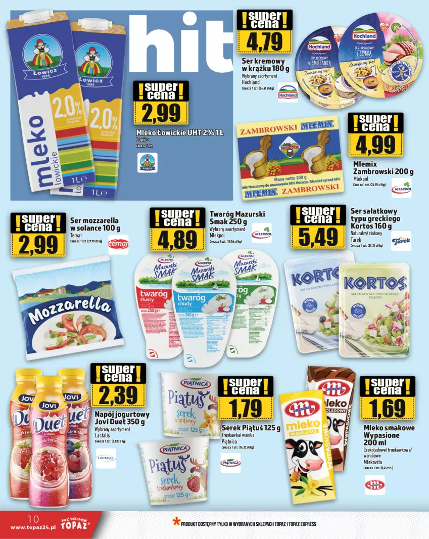 Gazetka promocyjna Topaz - Gazetka - ważna 08.02 do 14.02.2024 - strona 10 - produkty: Hochland, Jogurt, Mleko, Mleko smakowe, Mlekovita, Mozzarella, Napój, Napój jogurtowy, Piątnica, Sałat, Ser, Solan, Top, Twaróg, Vita C