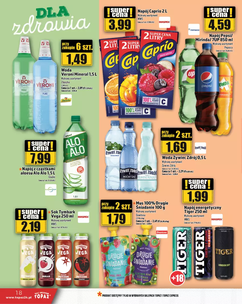 Gazetka promocyjna Topaz - Gazetka - ważna 08.02 do 14.02.2024 - strona 18 - produkty: 7up, Dawtona, Kiwi, Mirinda, Napój, Napój energetyczny, Pepsi, Pur, Sok, Tiger, Top, Tymbark, Woda