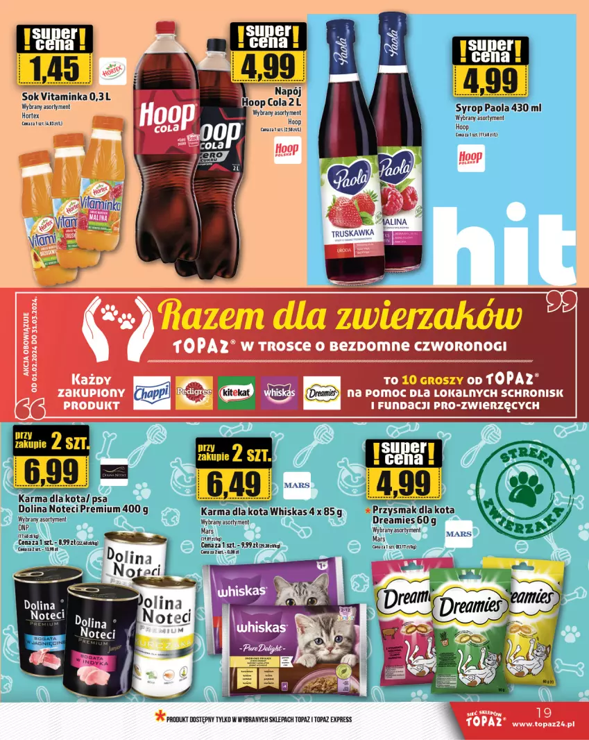 Gazetka promocyjna Topaz - Gazetka - ważna 08.02 do 14.02.2024 - strona 19 - produkty: Hoop, Inka, Mars, Przysmak dla kota, Sok, Top, Whiskas