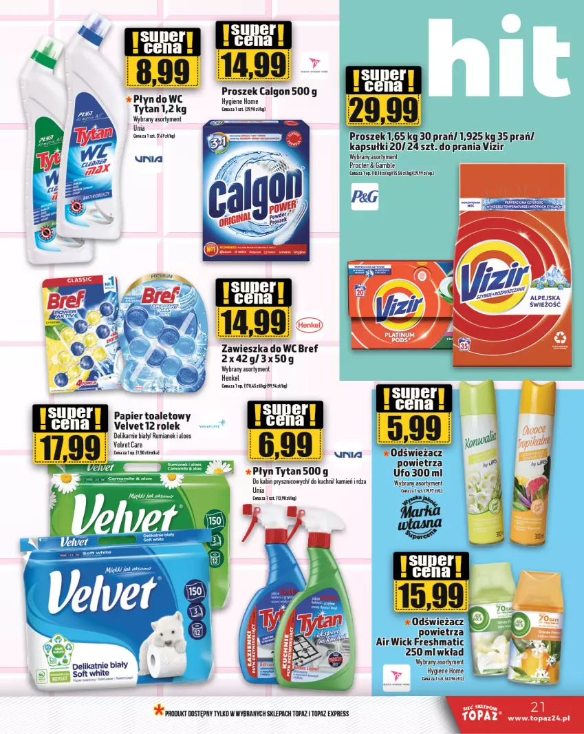 Gazetka promocyjna Topaz - Gazetka - ważna 08.02 do 14.02.2024 - strona 21 - produkty: Air Wick, Bref, Calgon, LG, Papier, Papier toaletowy, Płyn do wc, Rum, Top, Tytan, Velvet, Vizir, Zawieszka do wc