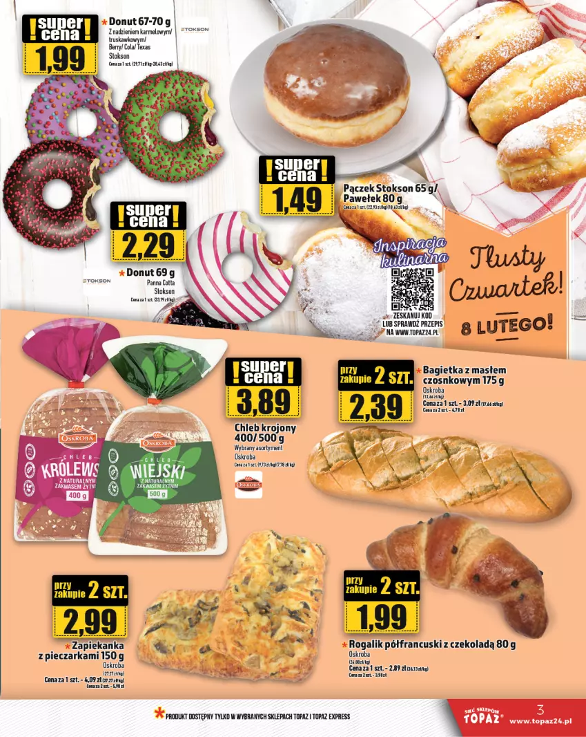 Gazetka promocyjna Topaz - Gazetka - ważna 08.02 do 14.02.2024 - strona 3 - produkty: Bagietka, Chleb, Donut, Fa, Pączek, Panna cotta, Piec, Pieczarka, Rogal, Top, Zapiekanka