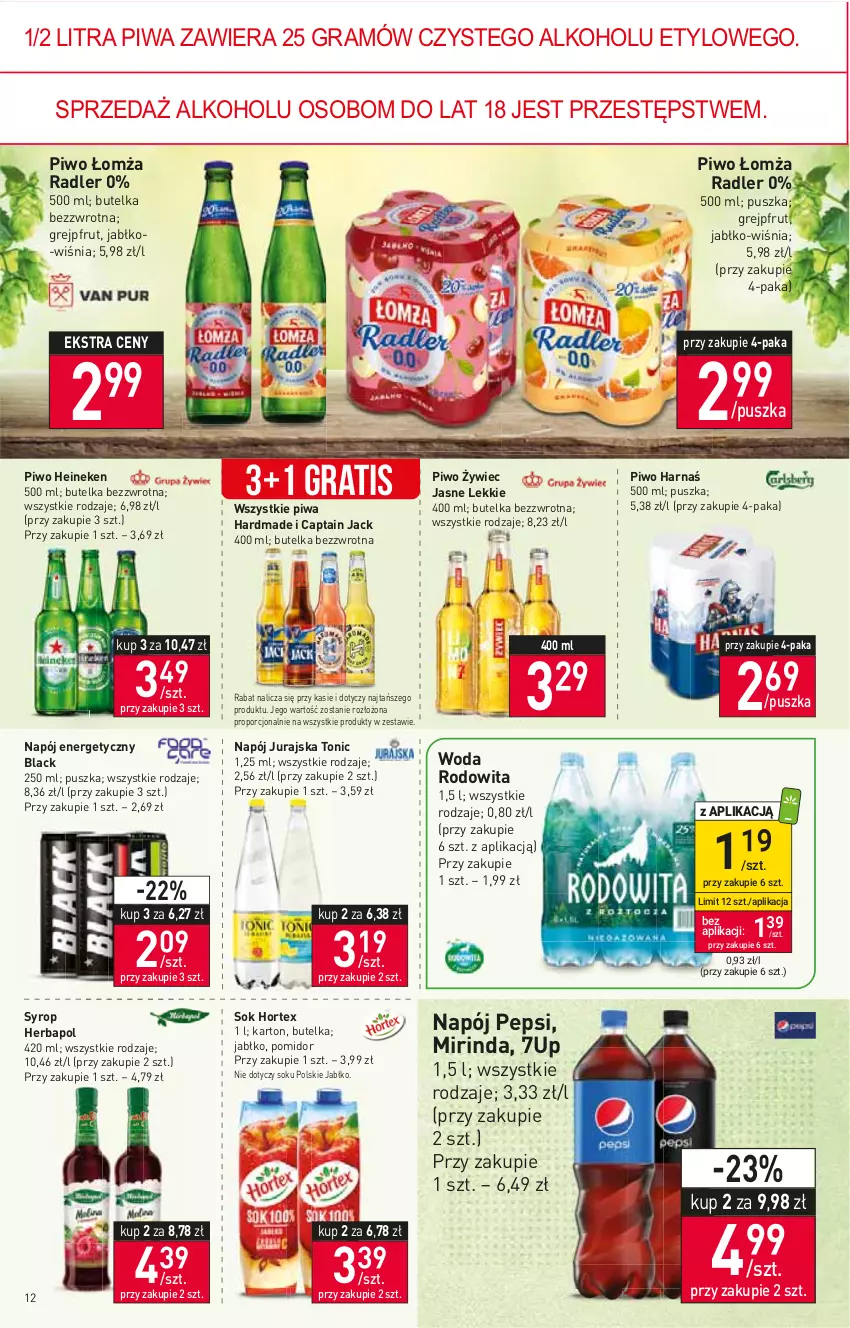 Gazetka promocyjna Stokrotka - Supermarket - ważna 14.07 do 20.07.2022 - strona 12 - produkty: 7up, Captain Jack, Gra, Grejpfrut, Harnaś, Heineken, Herbapol, Hortex, Lack, Mirinda, Napój, Napój energetyczny, Pepsi, Piwa, Piwo, Por, Radler, Sok, Syrop, Woda